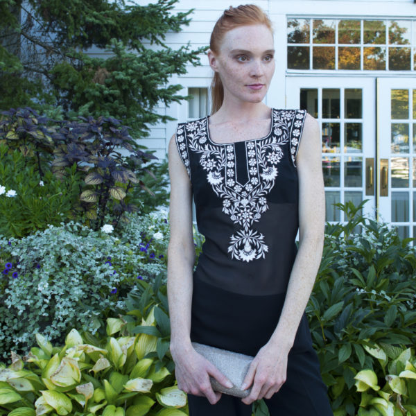 fashion blogger in handmade embroidered sheer lace top