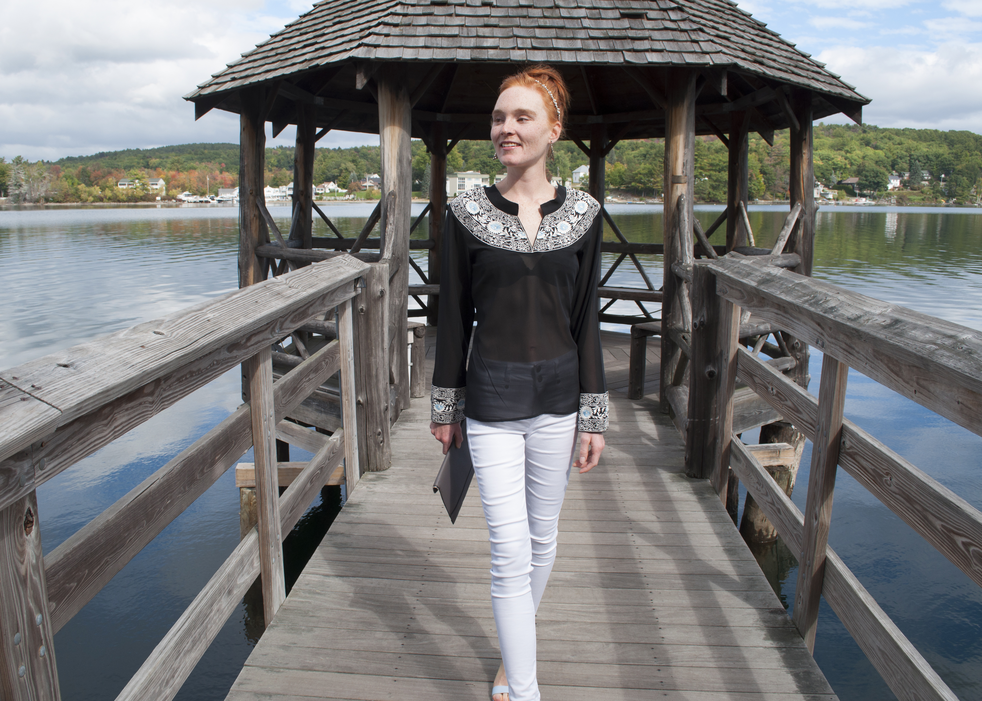 lace and white jeans at Lake Winnipesaukee