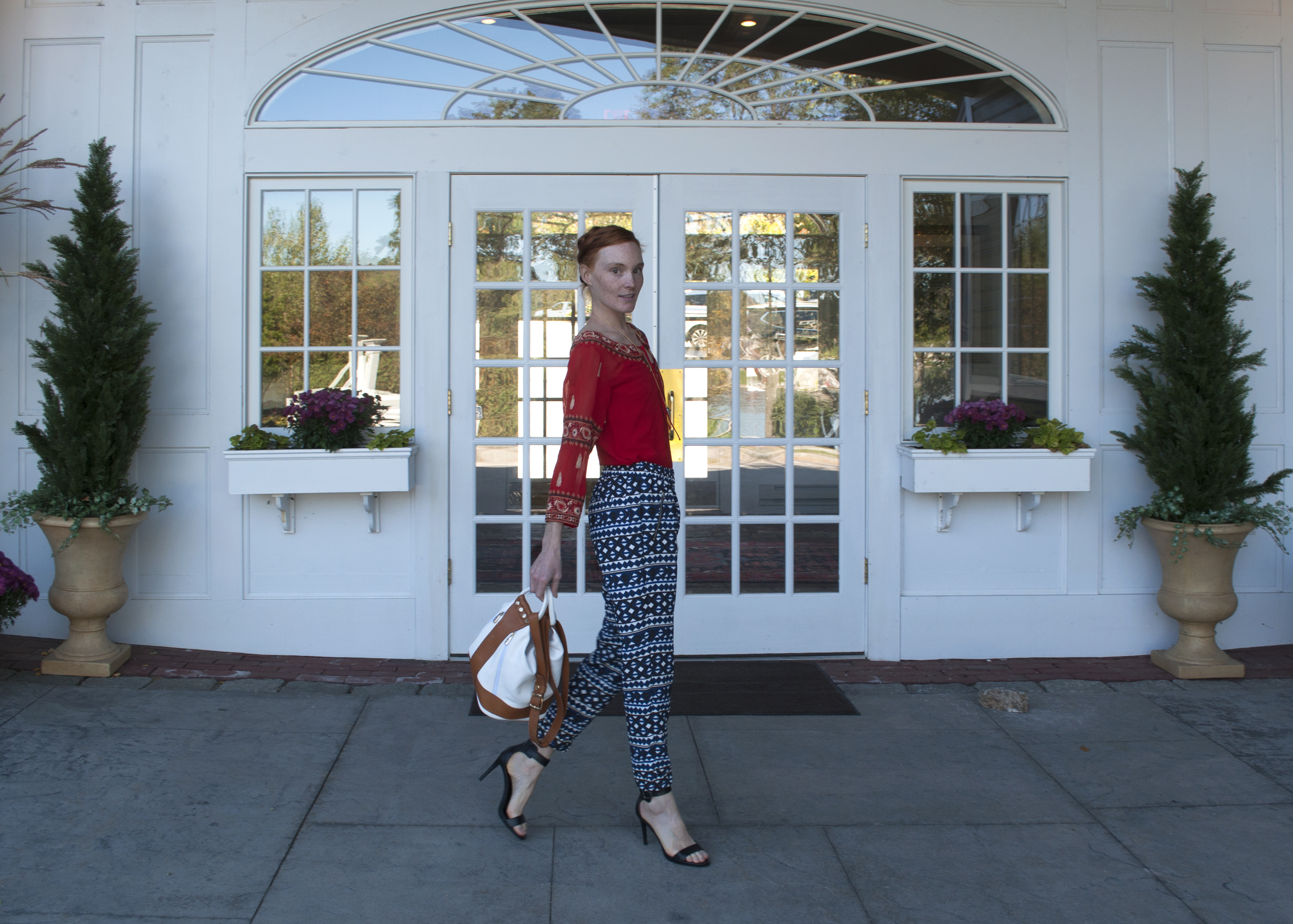 J. Crew pants and Chic Dock blouse