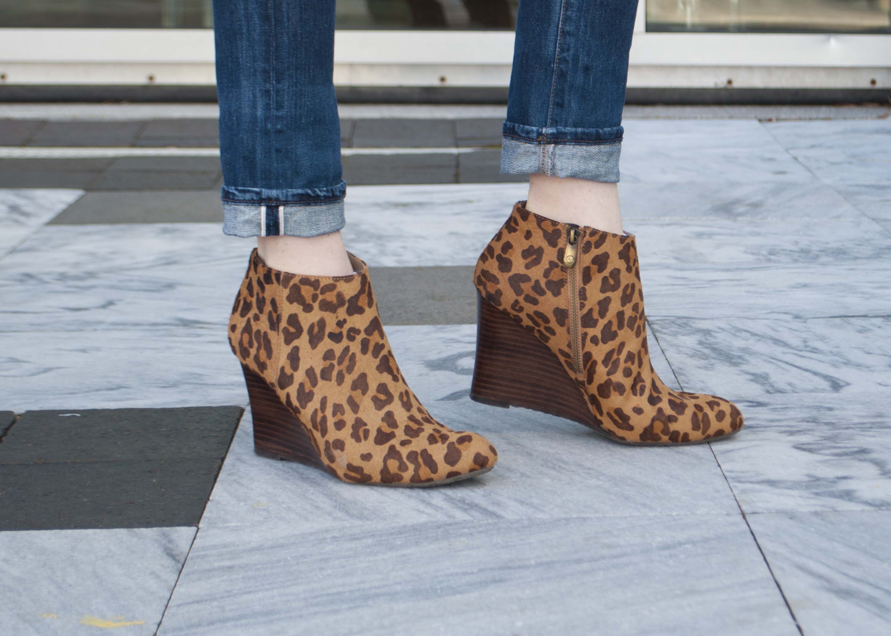calf hair leopard wedge boots