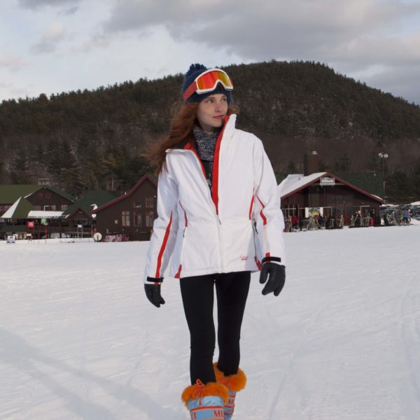 fashion blogger Mary O'Neill winter layering volkl ski jacket technica moon boots