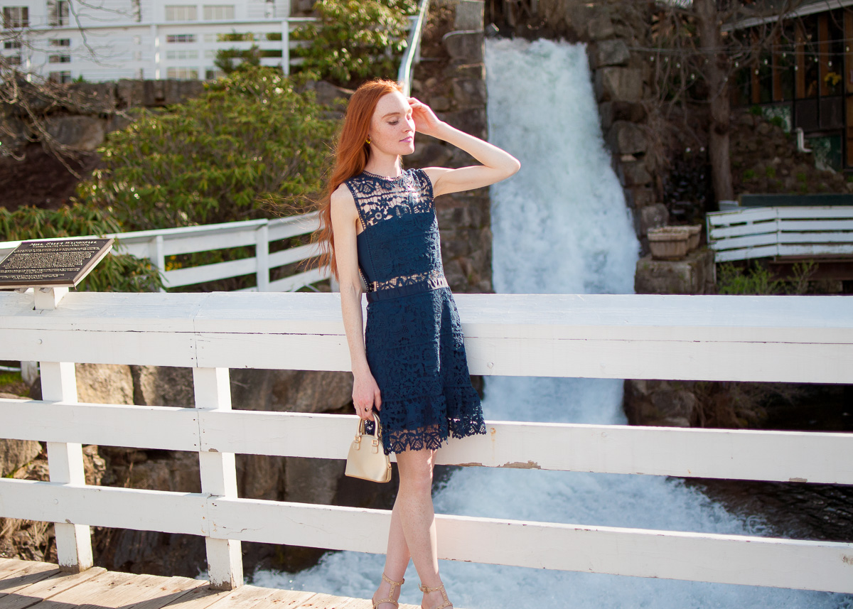 navy blue lace dress with cutouts
