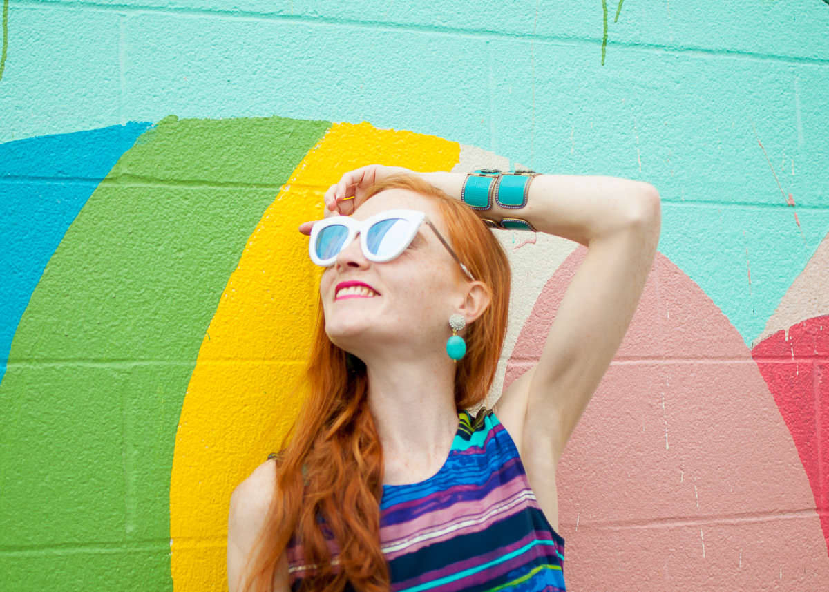 The Red Hand Color Bomb - Quay Australia sunglasses, Heidi Daus cuffs and earrings