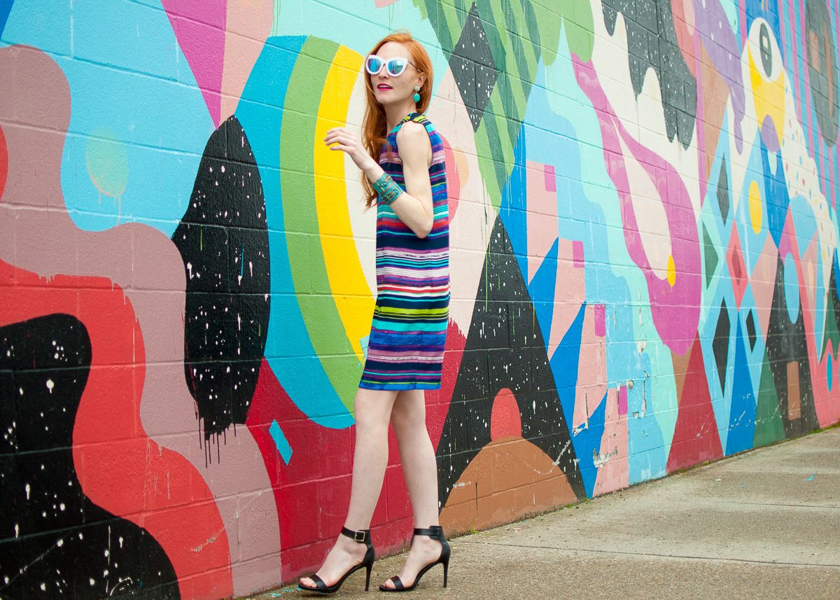 The Red Hand Colorful Street Style - Cynthia Rowley dress, Quay Australia sunglasses, Candies heels