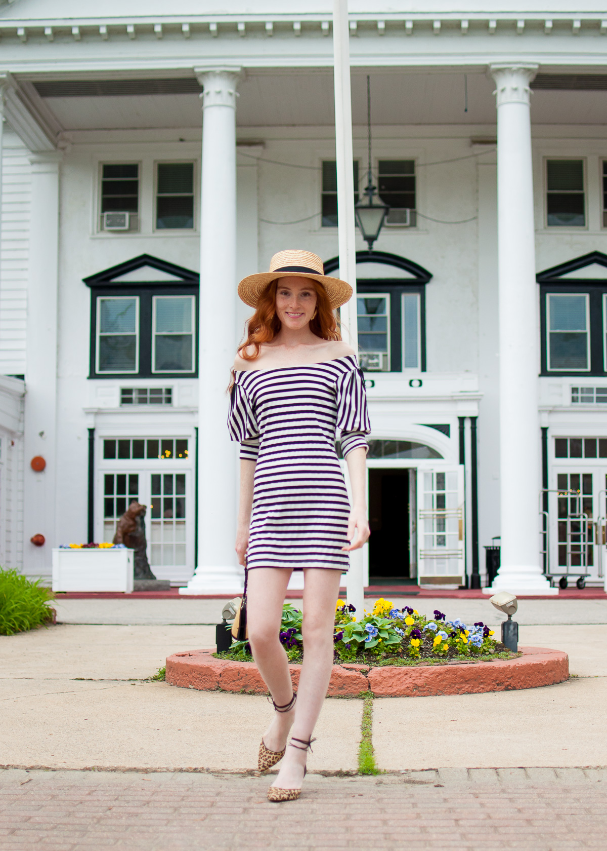 Striped summer dress with The Spencer straw boater hat in North Conway New Hampshire