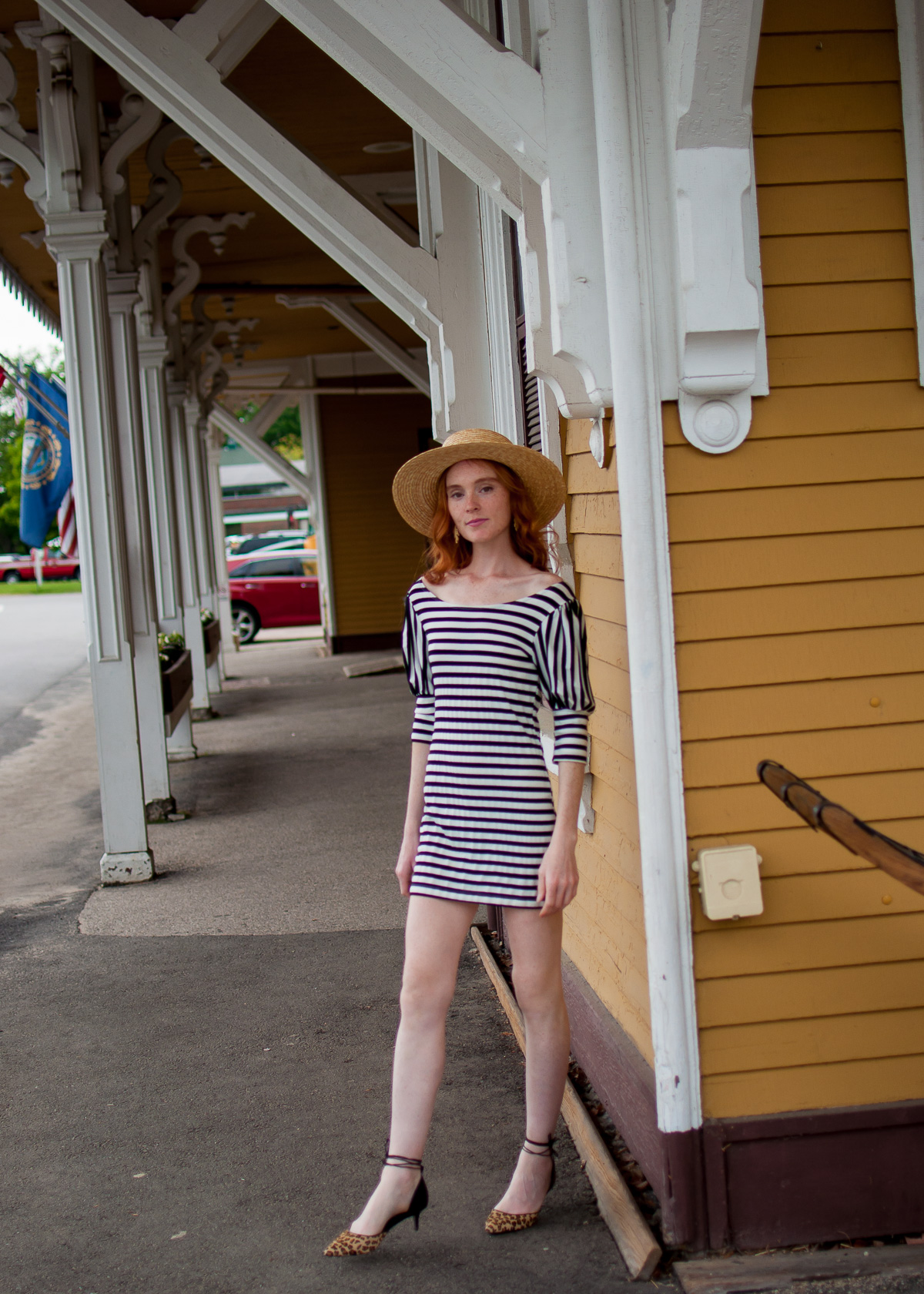 Striped dress with leopard kitten heels at the Conway Scenic Railway