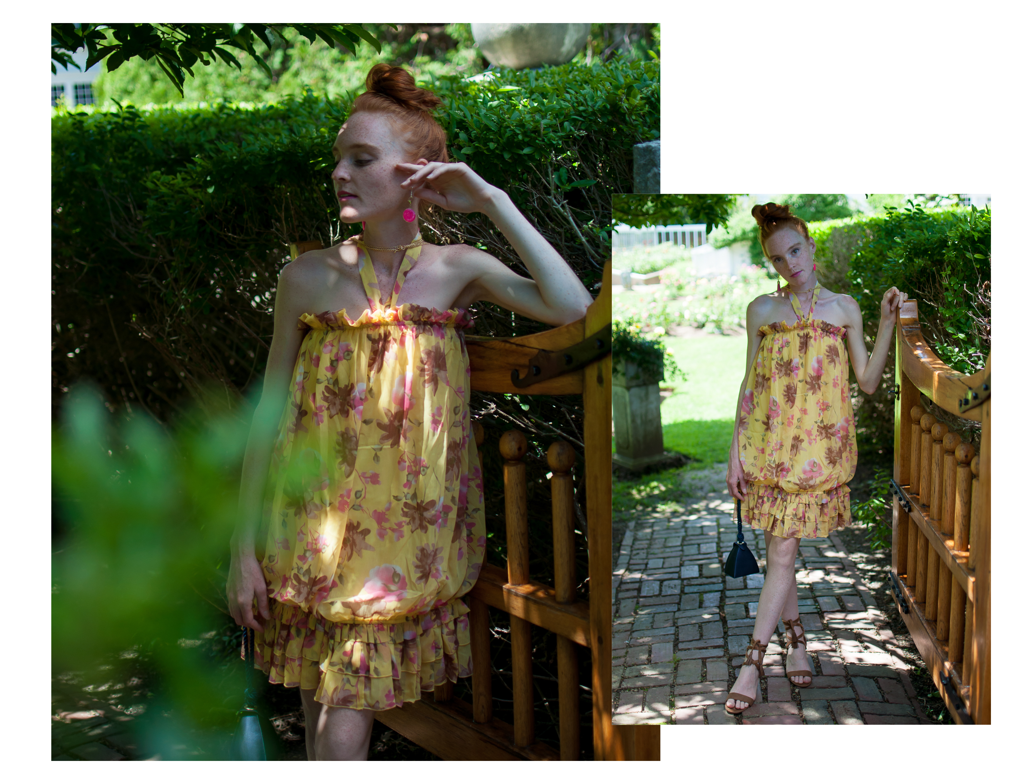 yellow floral bubble dress with ankle tie block sandals at summer garden