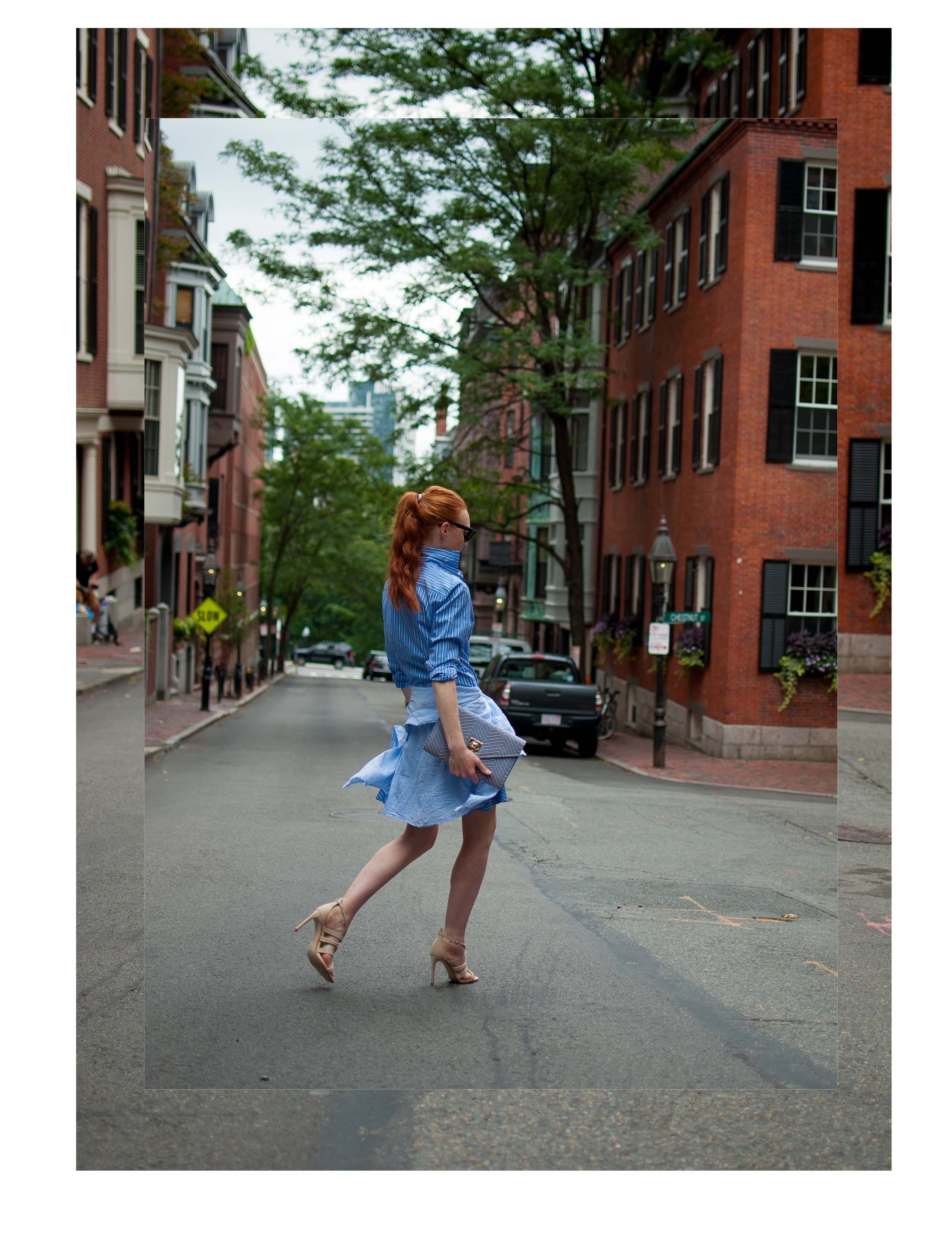 fashion blogger Mary O'Neill on the street in Beacon Hill Boston 
