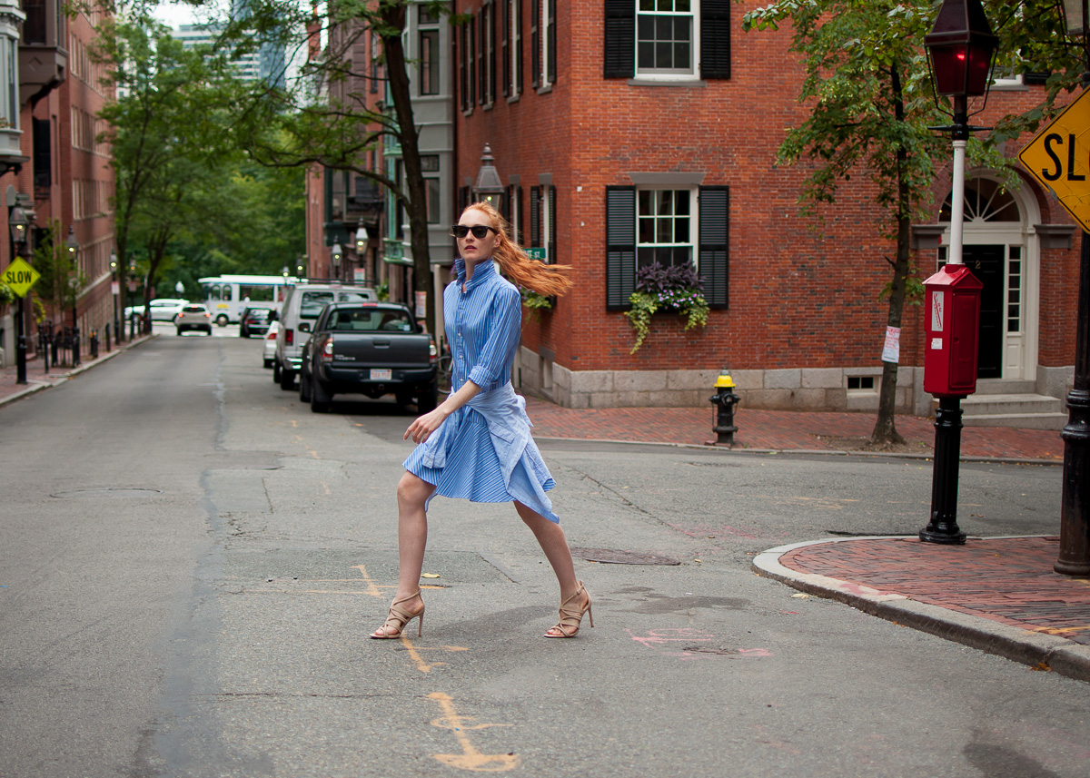 style blogger Mary O'Neill on the street in Beacon Hill Boston MA 