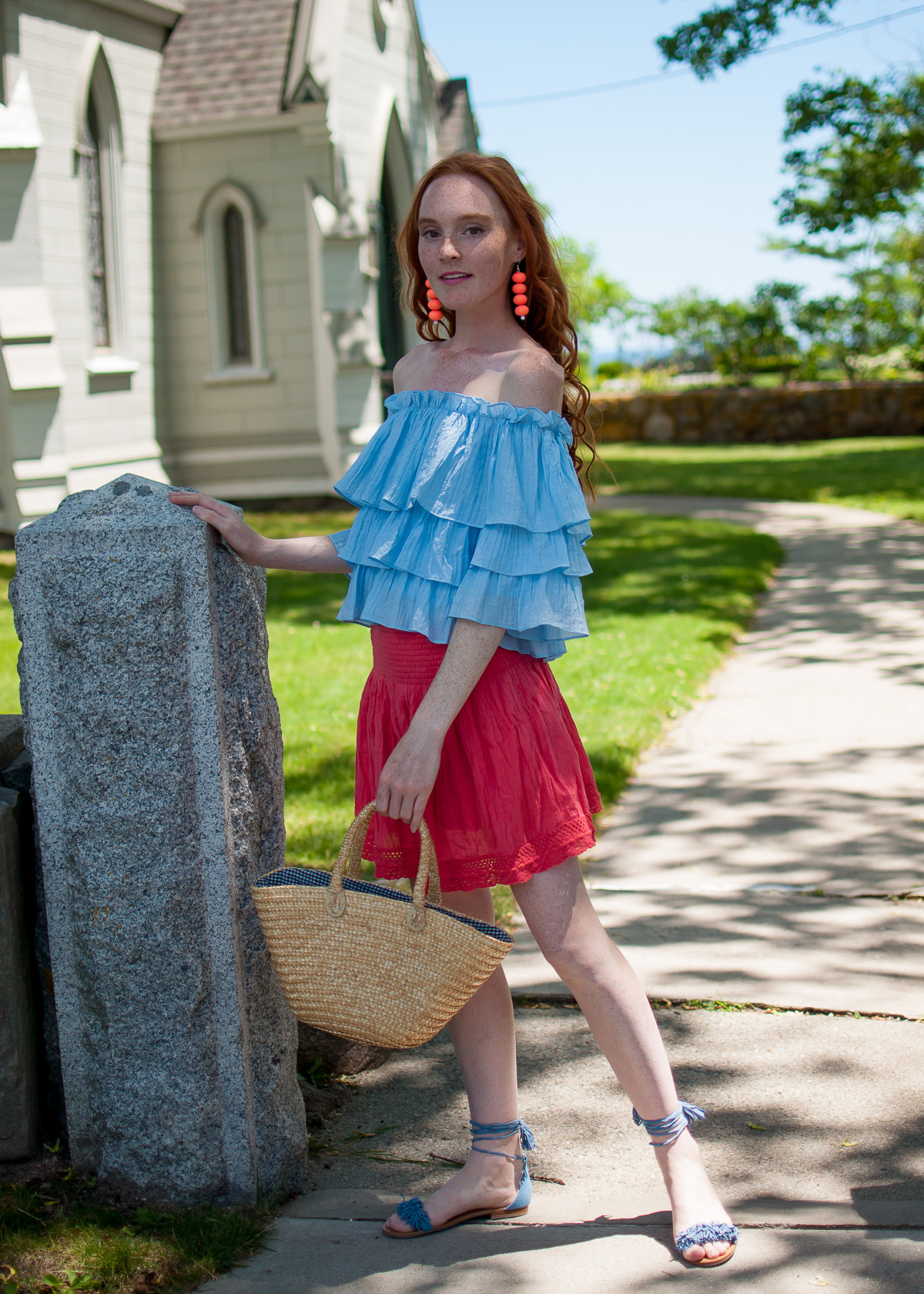 ruffled Sweet Wanderer off the shoulder top with Express skirt and Steeve Madden ankle tie sandals
