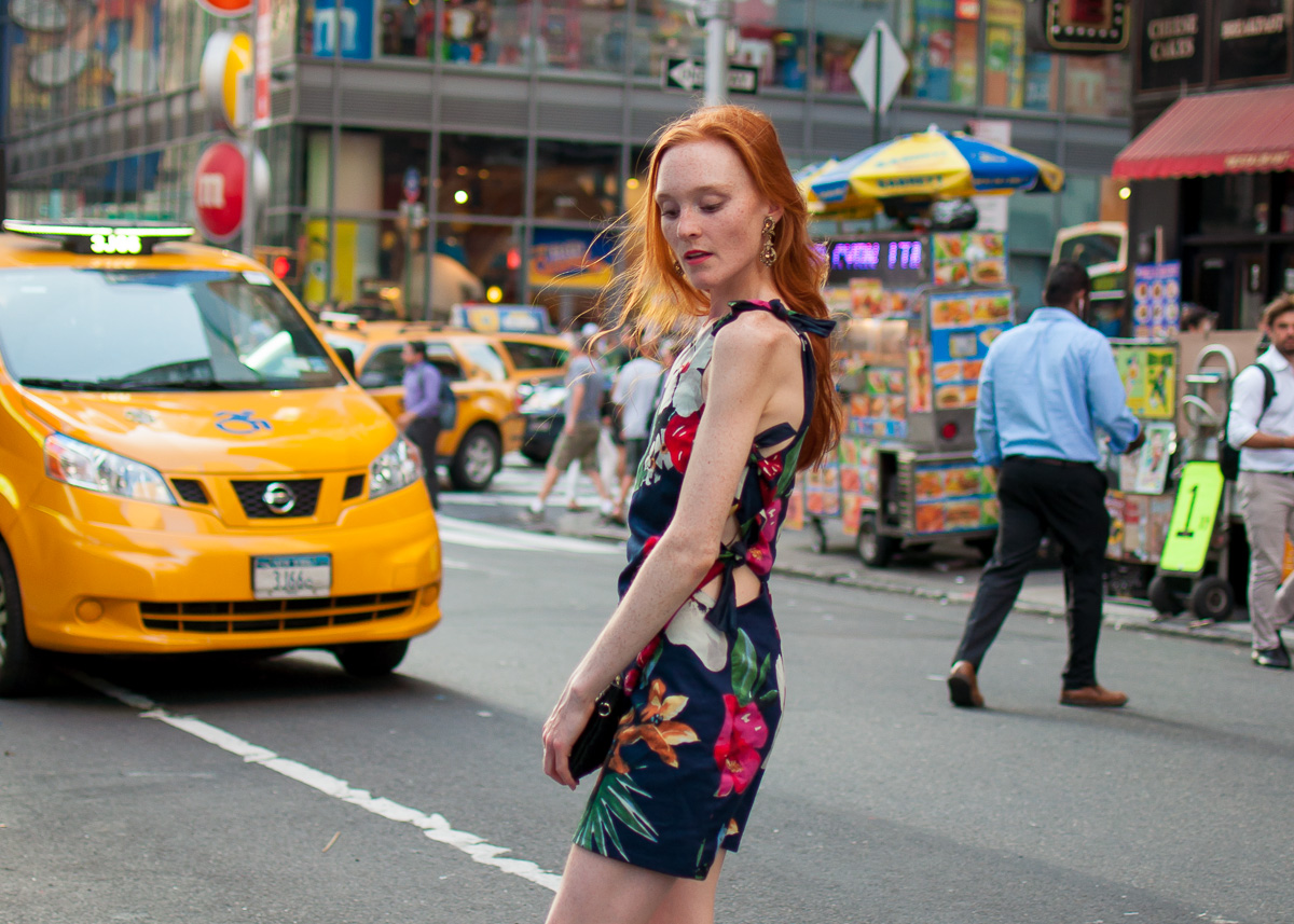 tropical print Zara dress in Times Square