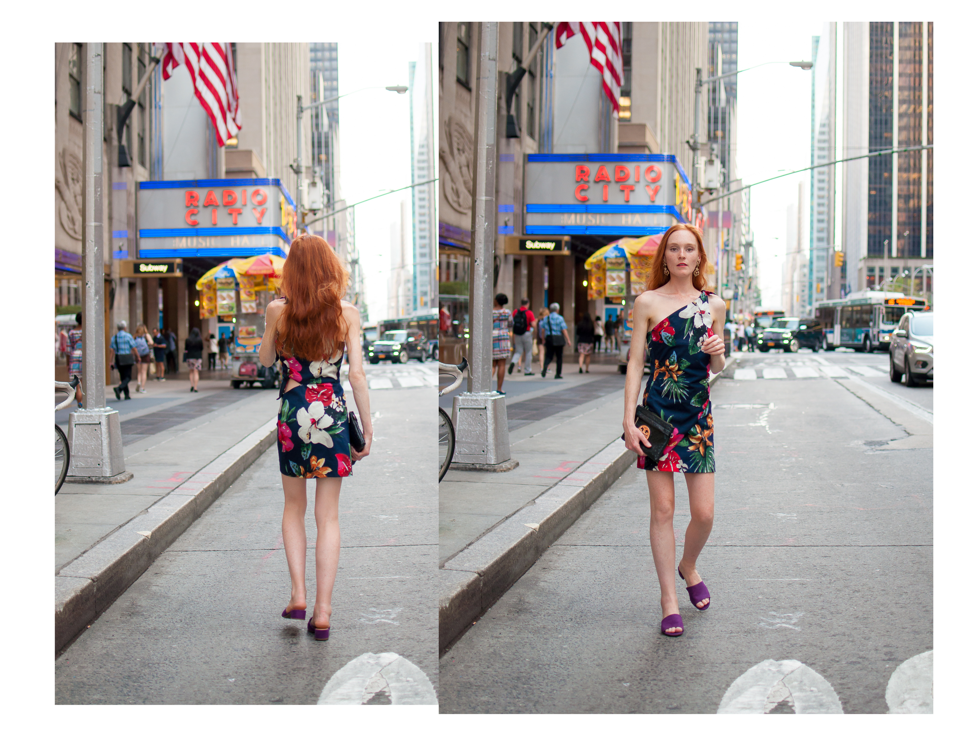 Zara tropical print dress street syle at Radio City New York City