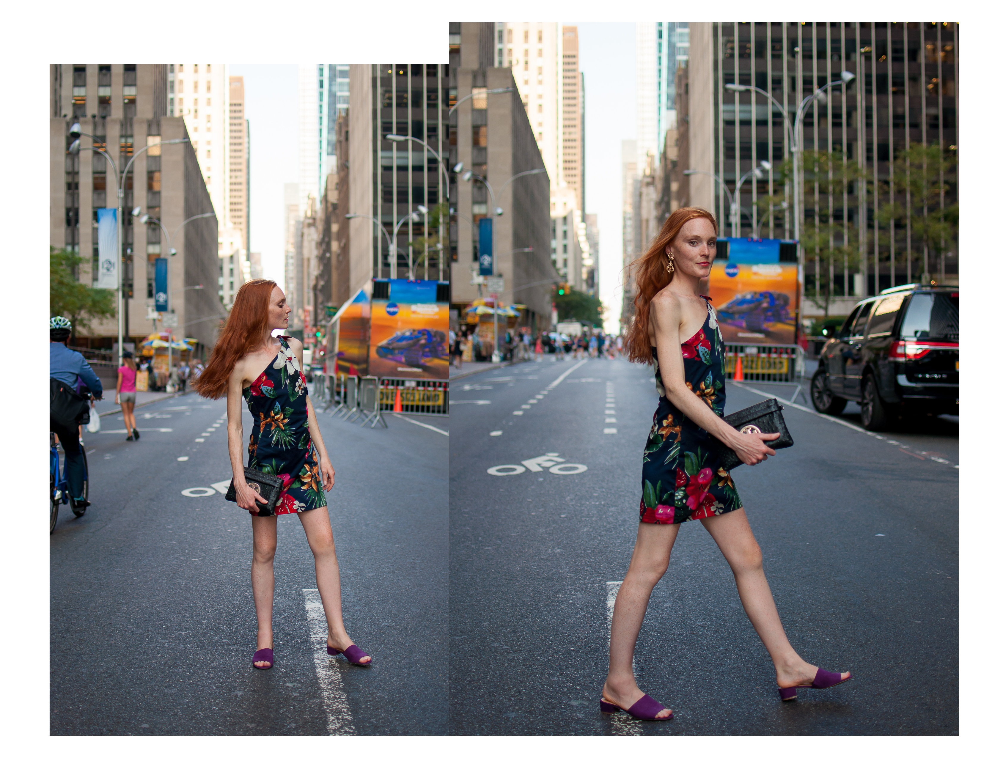 tropical print Zara dress with Tory Burch clutch in New York City