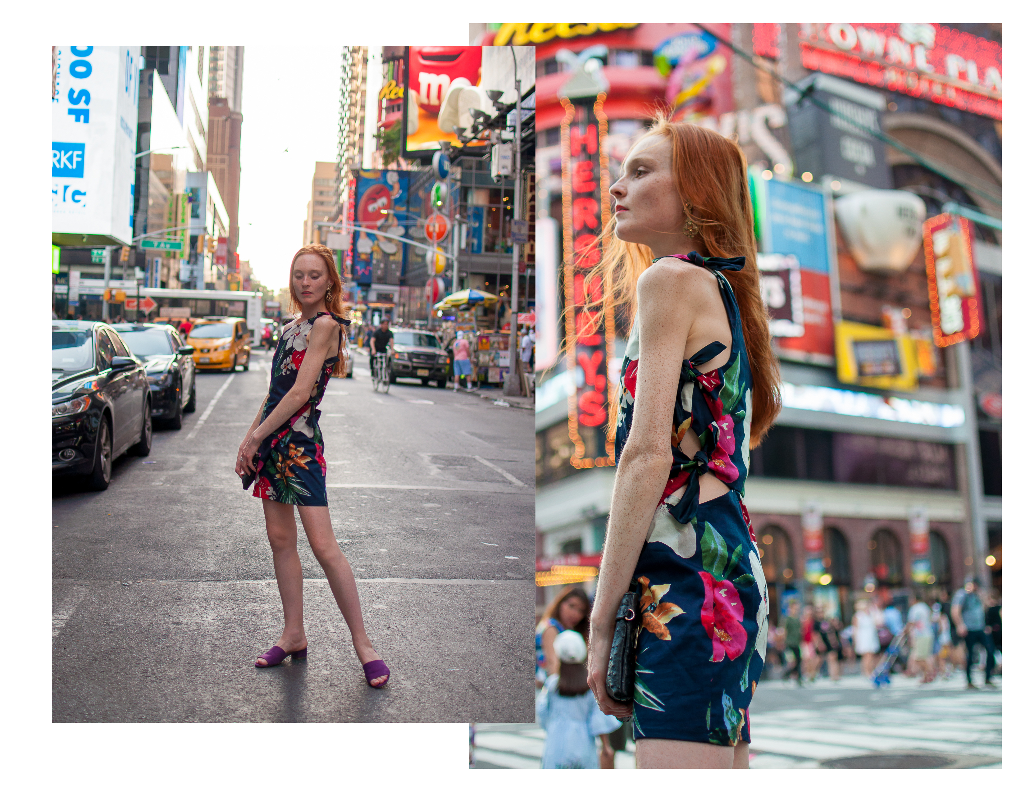 tropical print Zara dress in Times Square with block heel slides