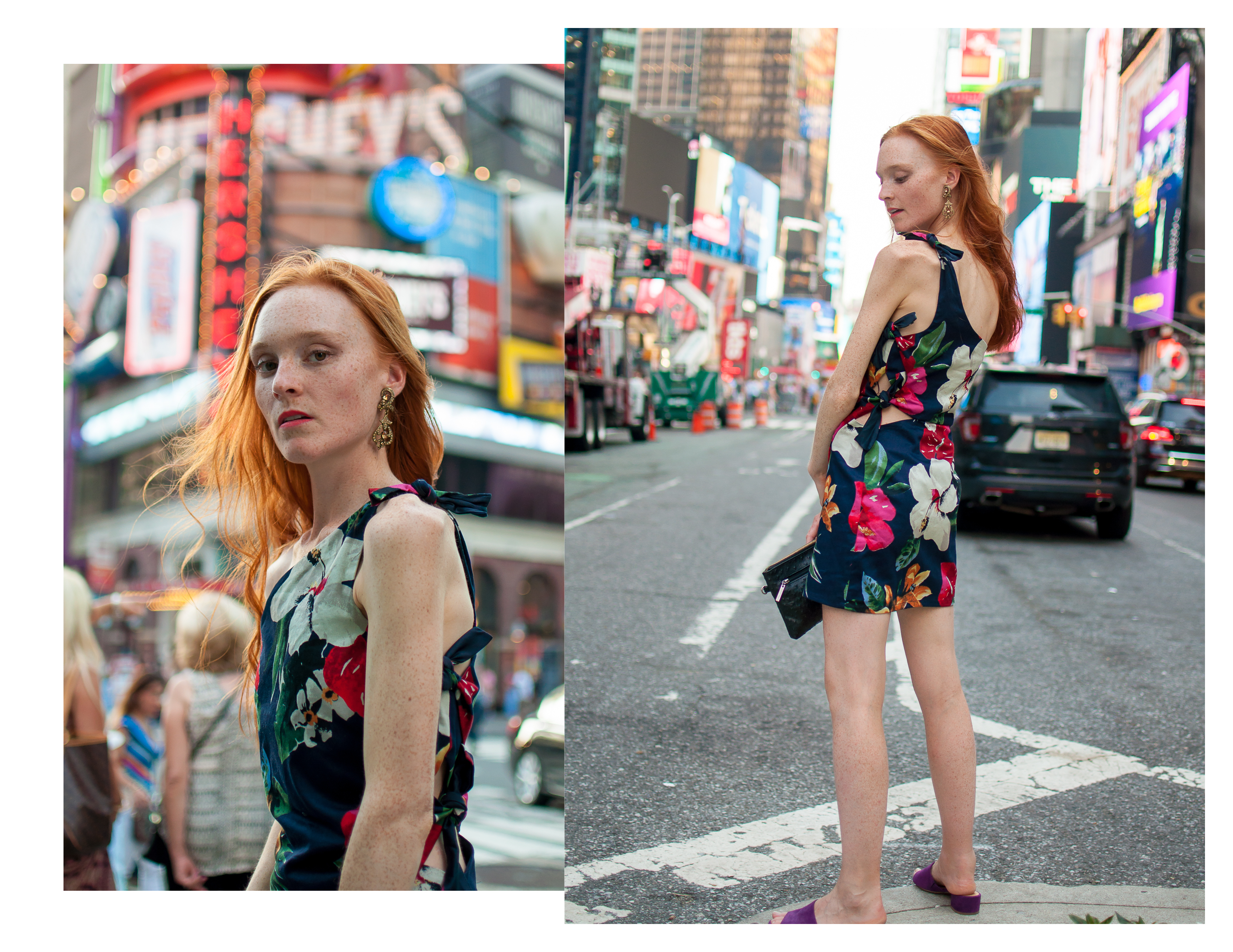 tropical print Zara dress with Tory Burch clutch in Times Square NYC