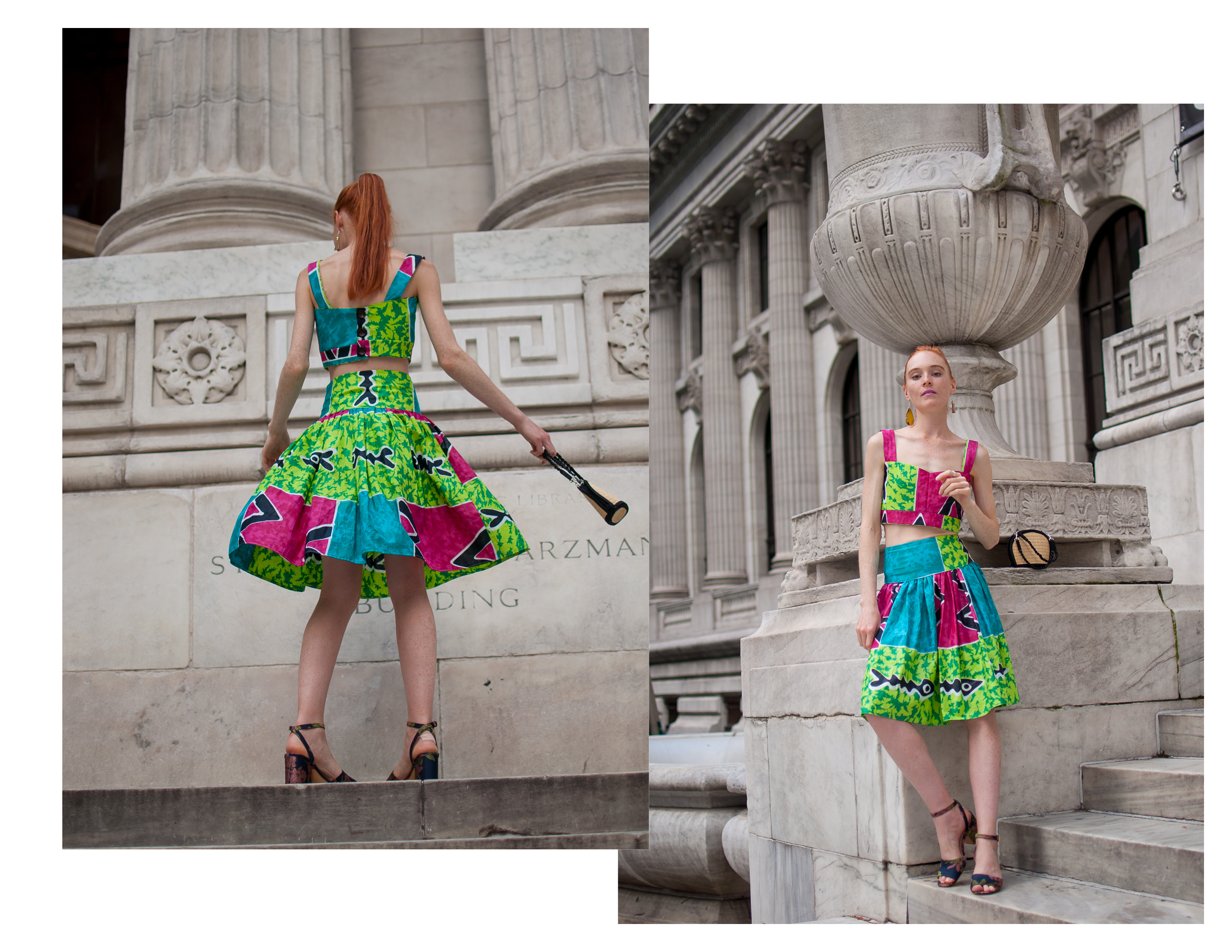 travel blogger in crop top and skirt at NYC Public Library