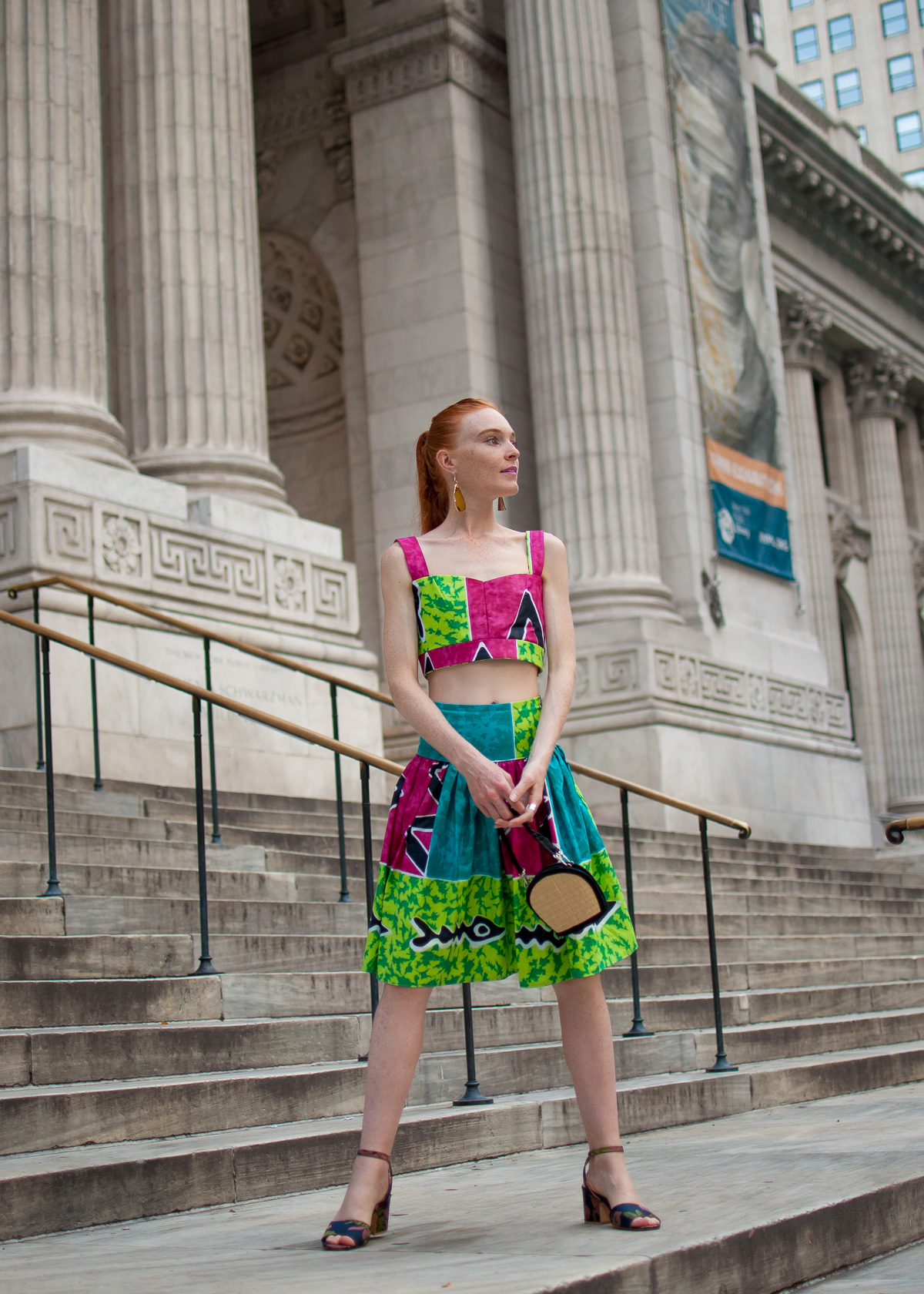 exotic print crop top and skirt at NYC Public Library