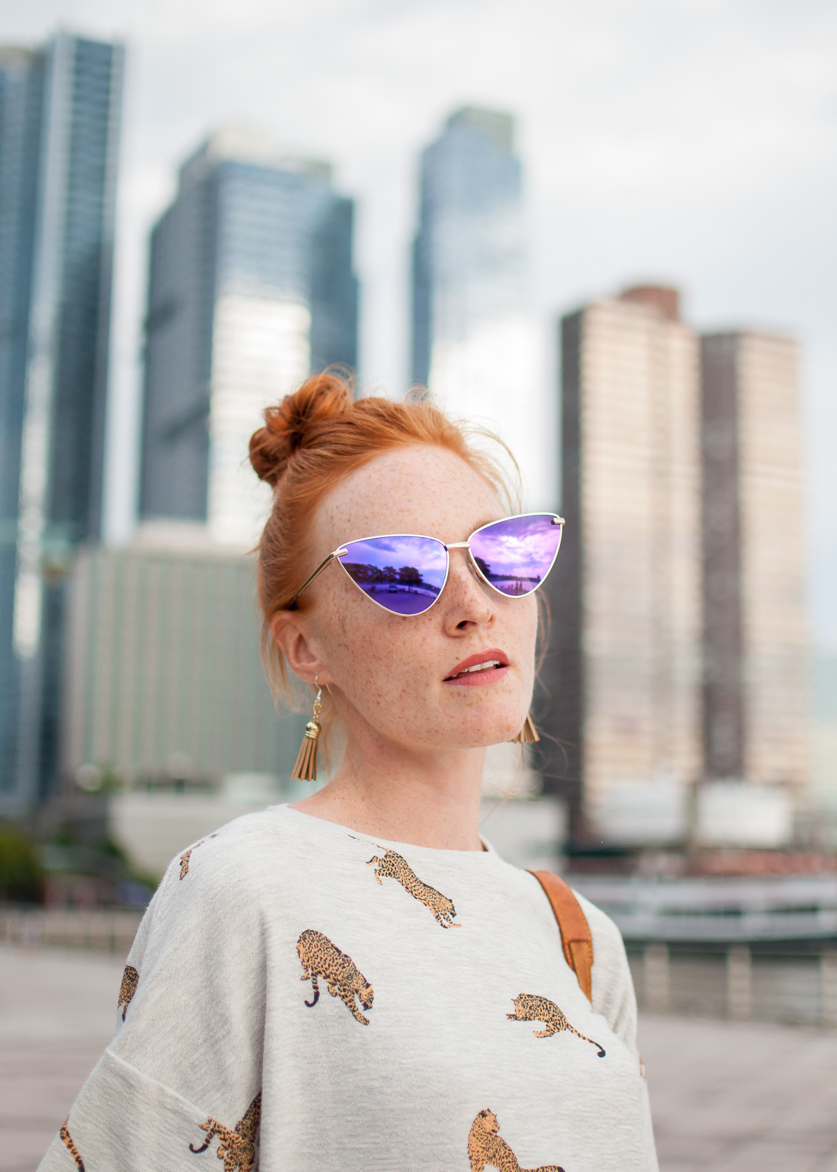 Purple cat eye sunglasses on nyc blogger Mary O'Neill