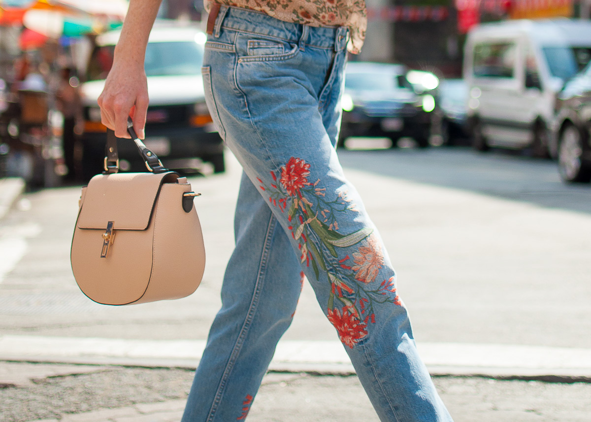 Zara floral embroidered jeans with Expressions NYC top handle bag