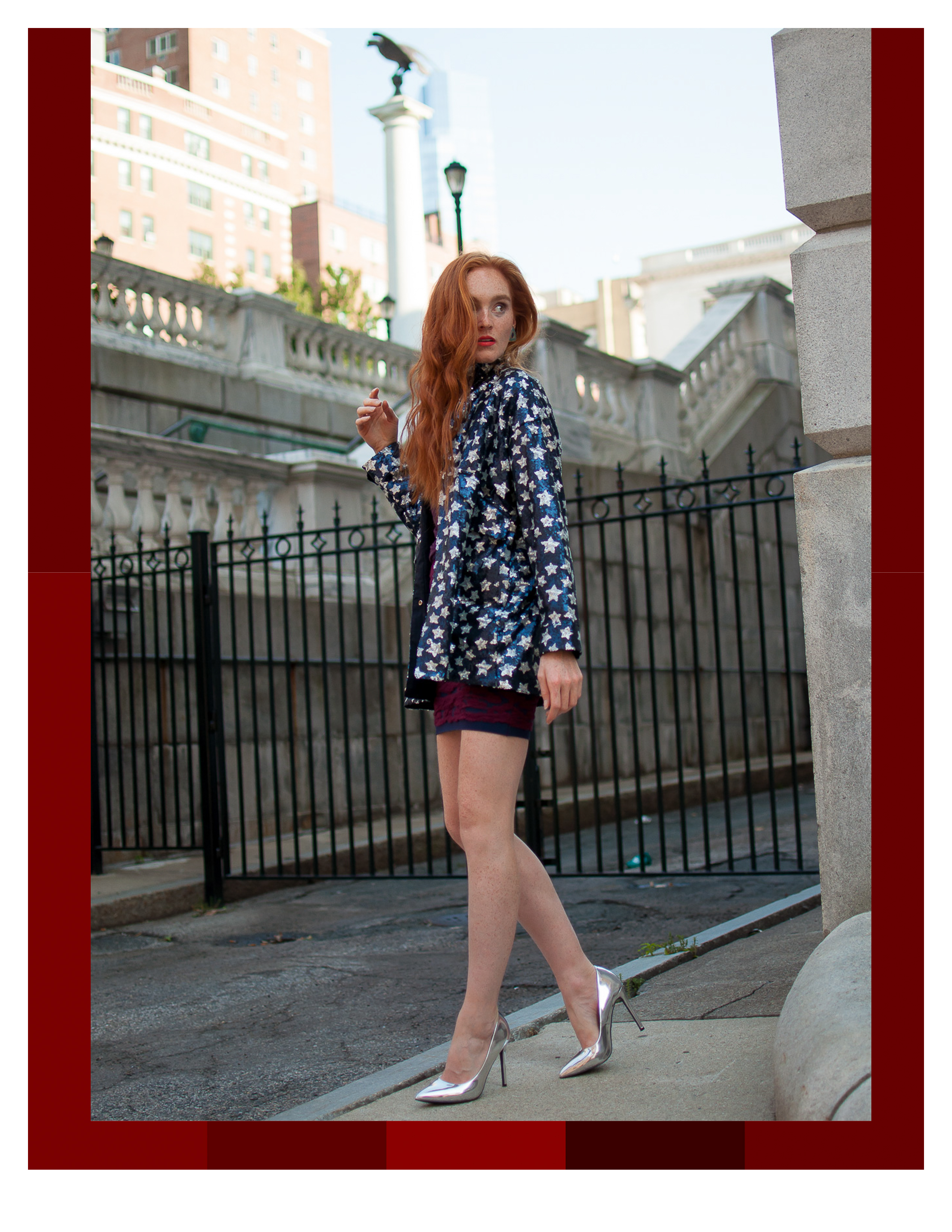 Zara stars coat and Manolo Blahnik stiletto heels at Boston State House