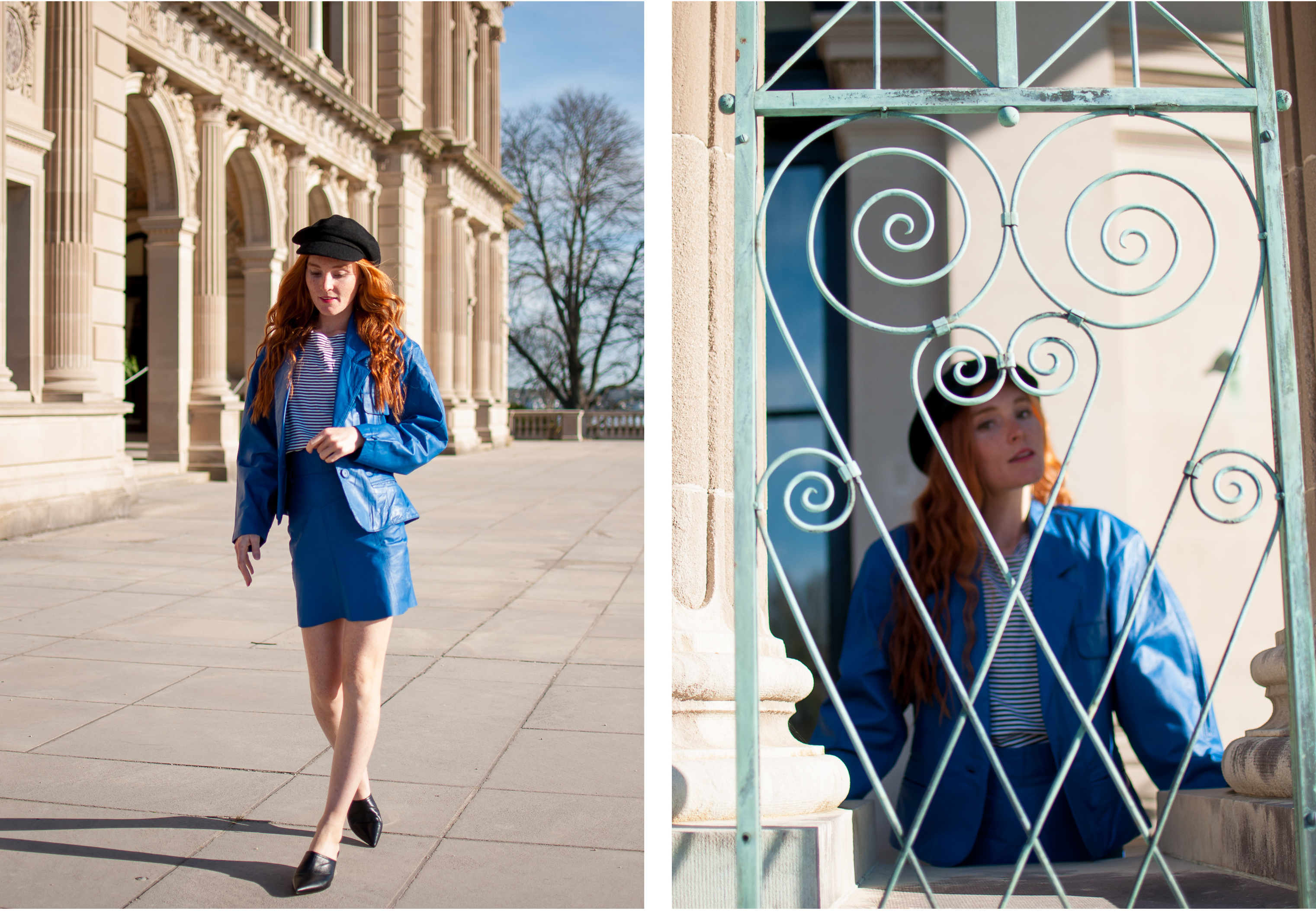 blue leather coat and mini skirt at The Breakers Newport 