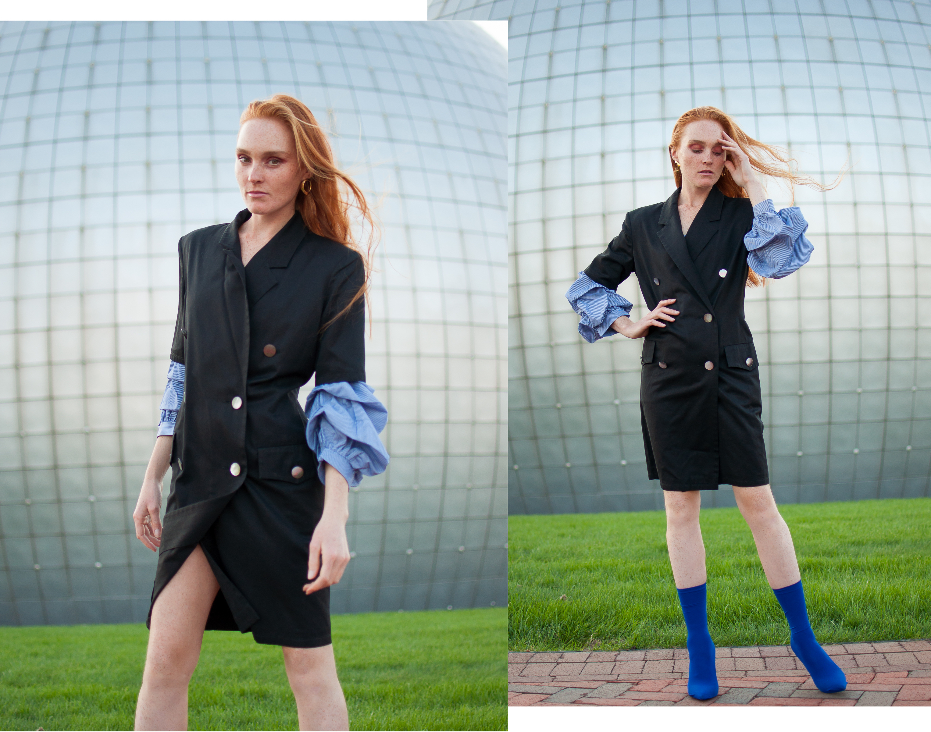 Max Mara dress with statement sleeve blouse and DIY sock boots