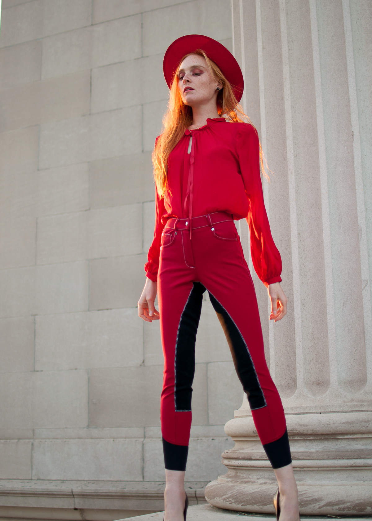 USG riding pants with red paraphrase blouse and Sam Edelman leather pumps