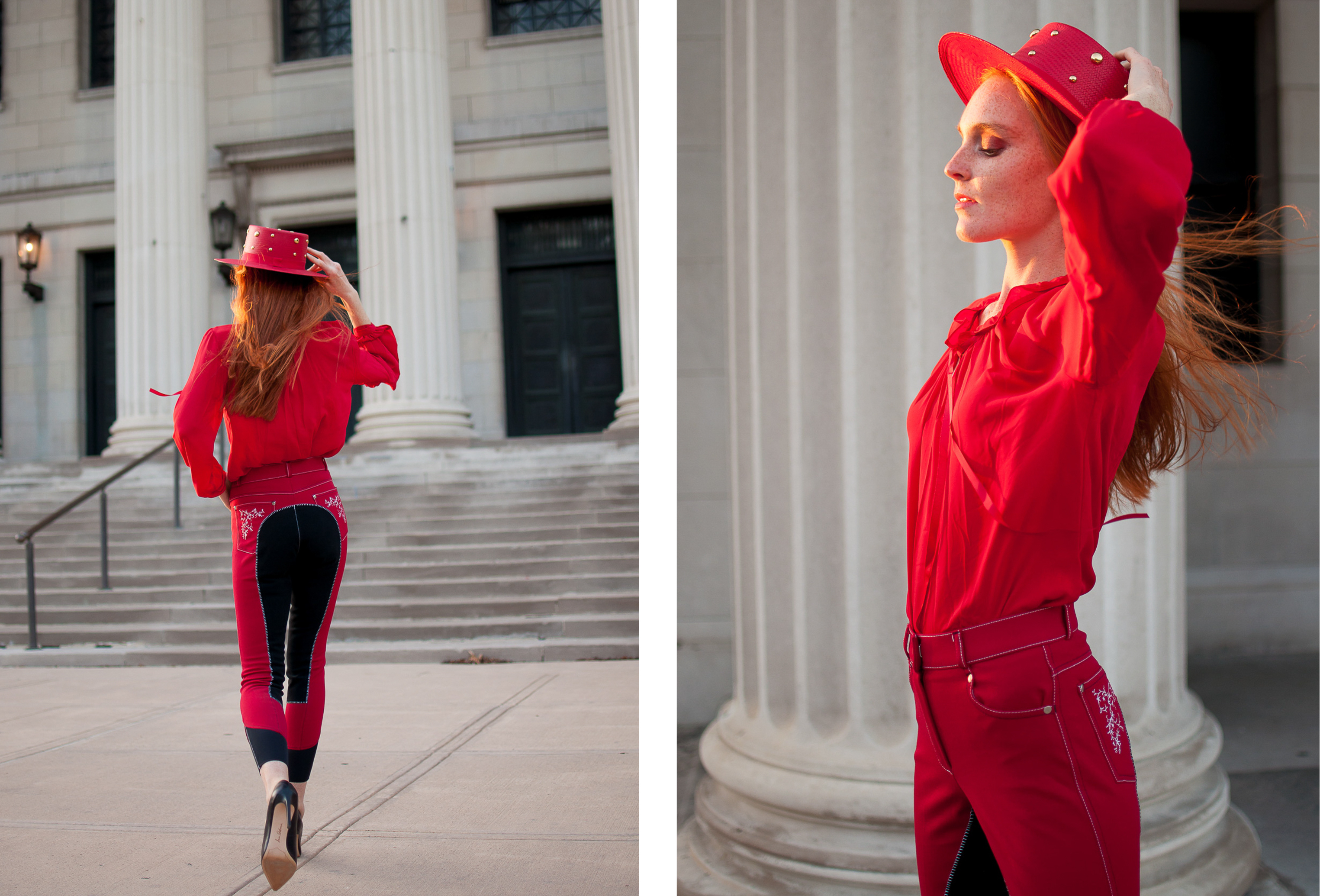 red USG riding pants with red paraphrase blouse and red bolero hat