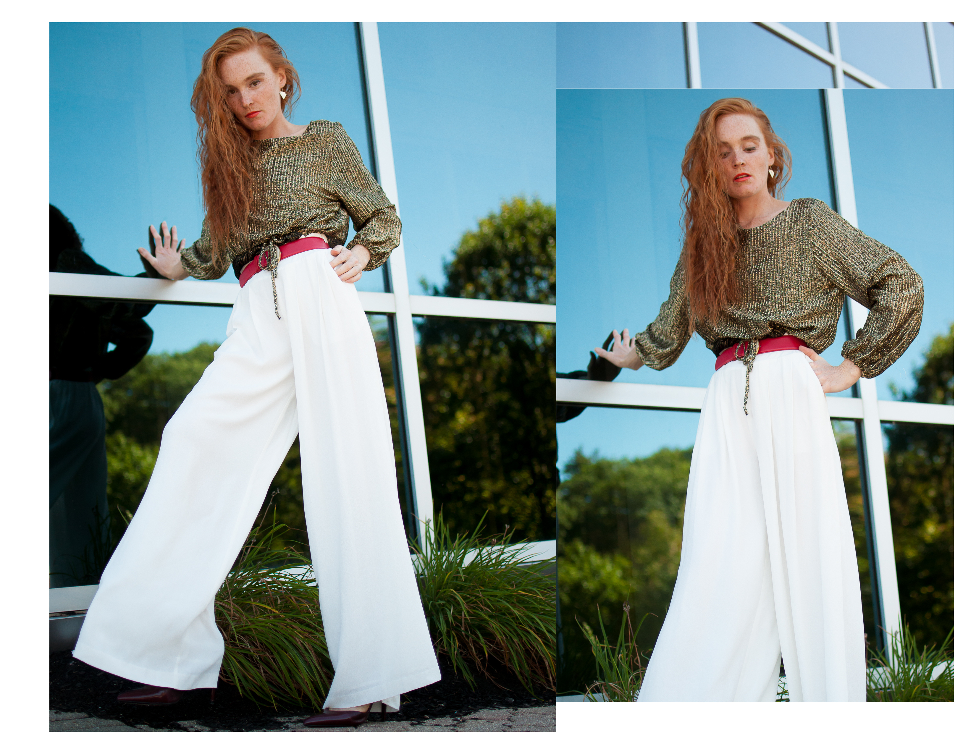 blogger Mary O'Neill wearing gold blouse and wide leg pants