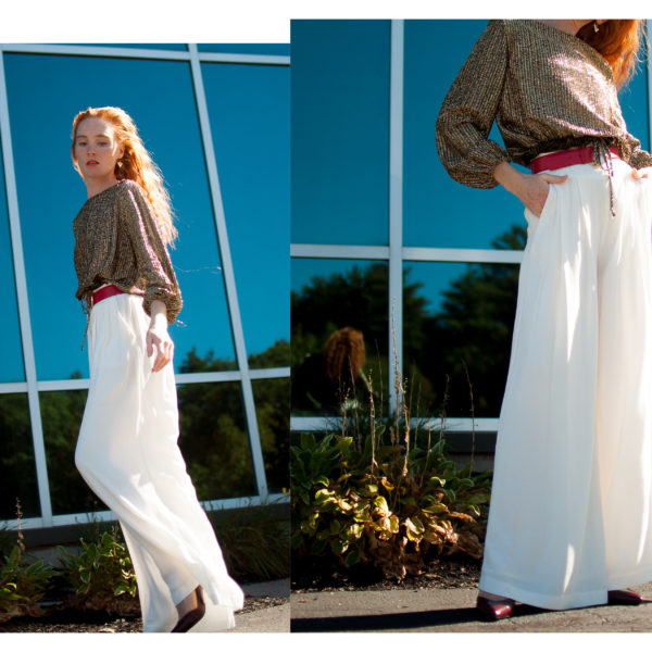 gold blouse and wide leg pants