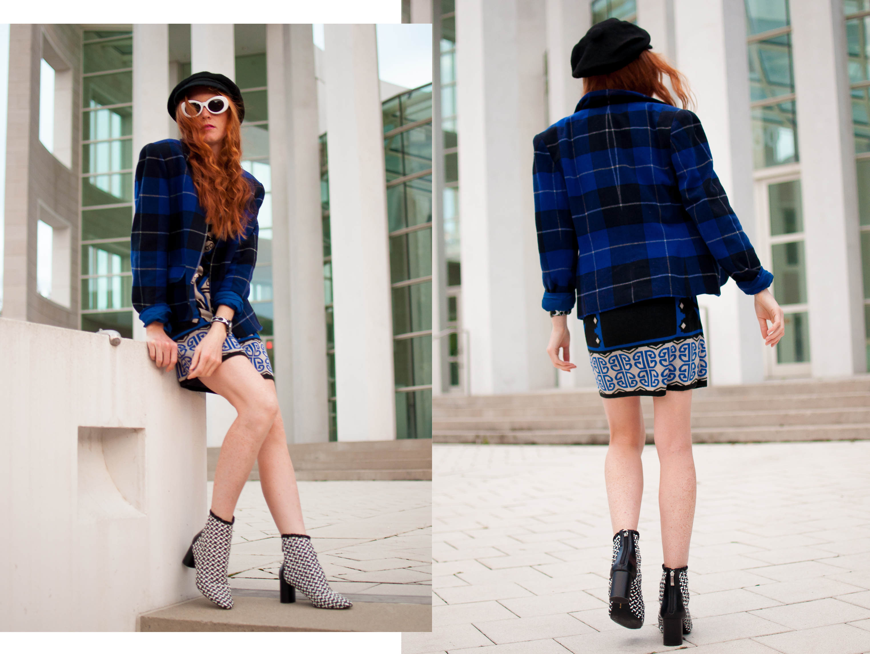 mod sunglasses and baker boy hat with buffalo check coat and Zara boots