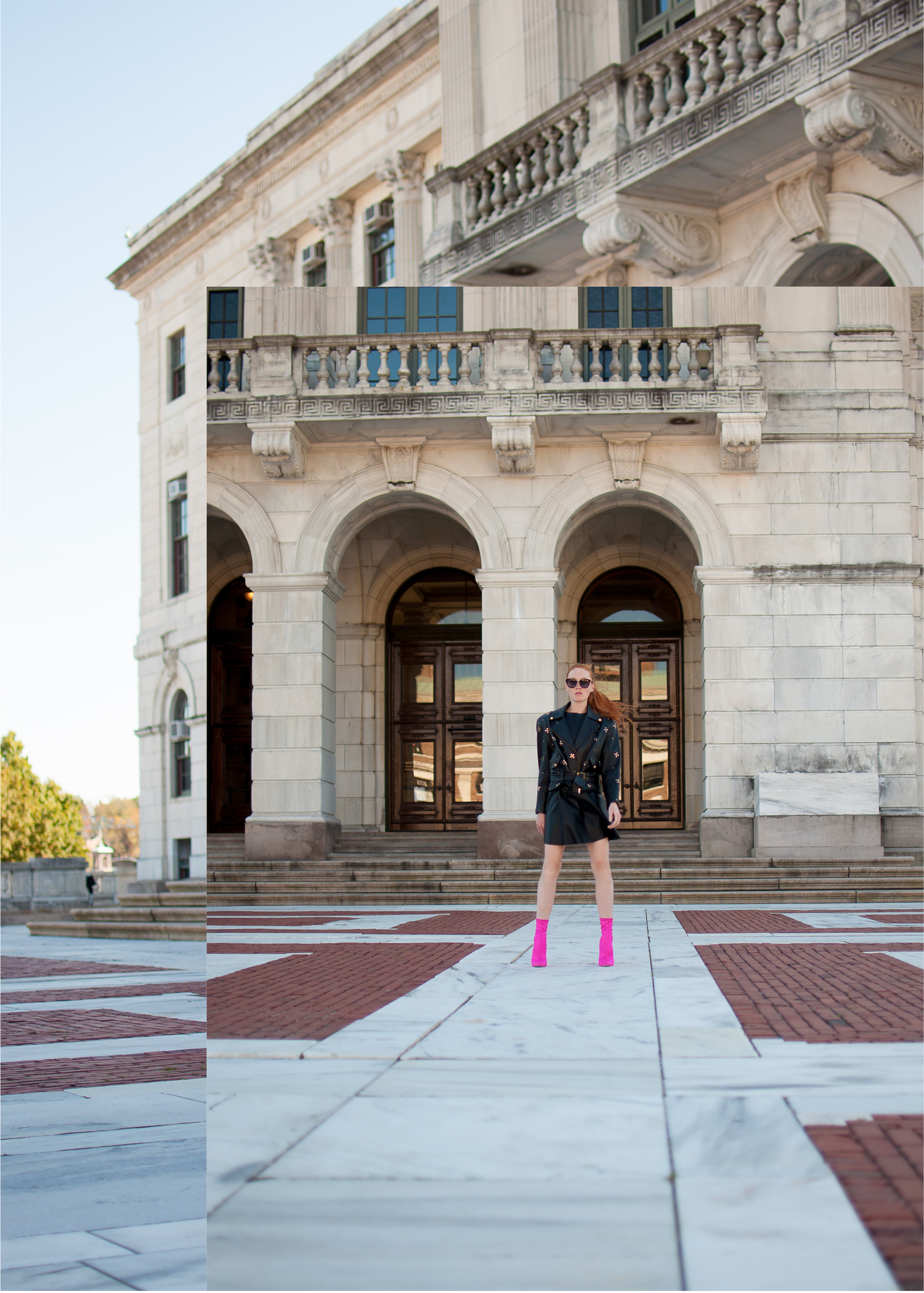 blogger Mary O'Neill wearing vintage black leather jacket at Providence State House