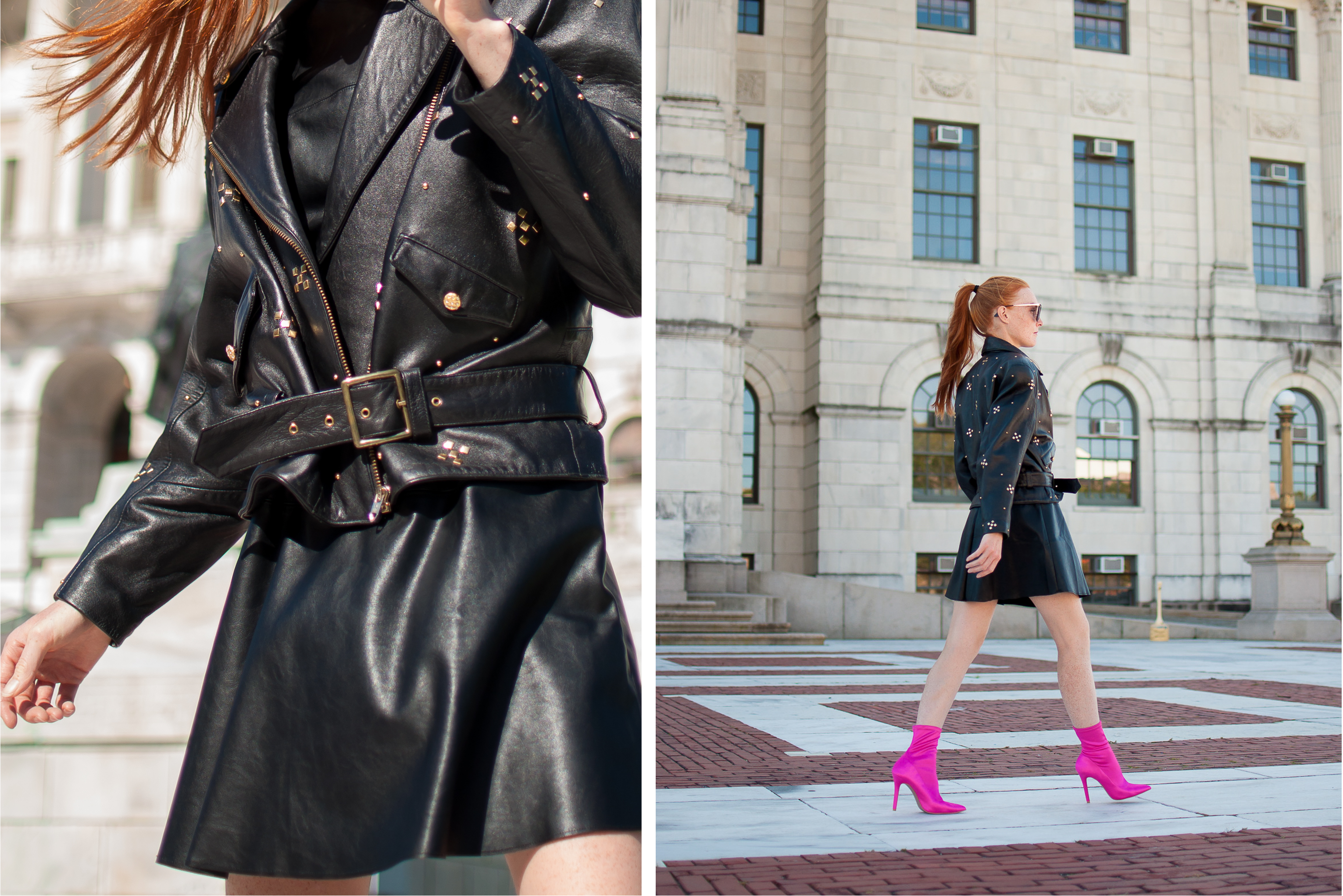 leather jacket and dress worn with sock booties