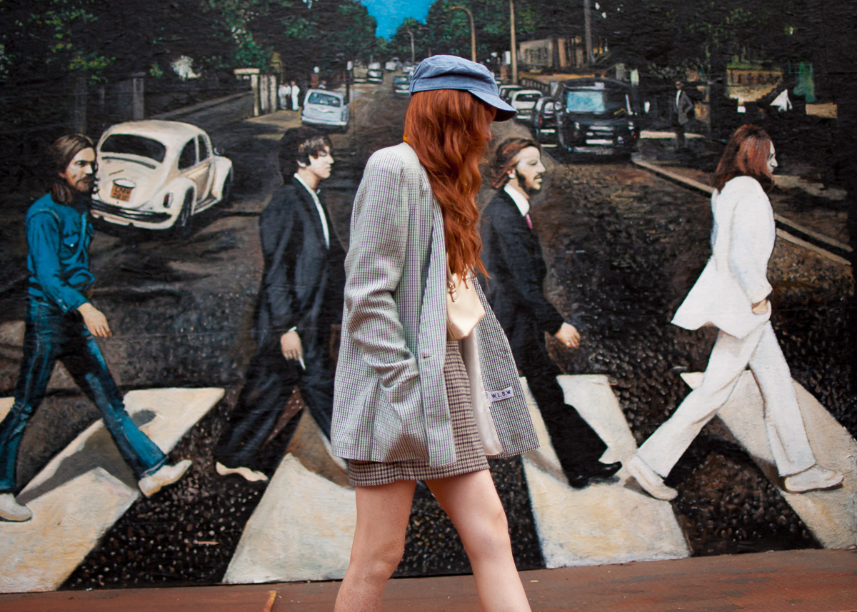 blogger Mary O'Neill fall layering at Beatles mural in downtown Springfield MA