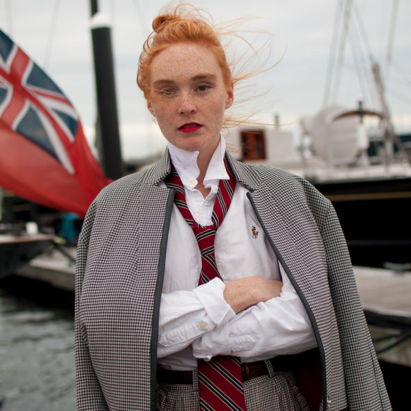 houndstooth coat and vintage pants at Newport Harbor