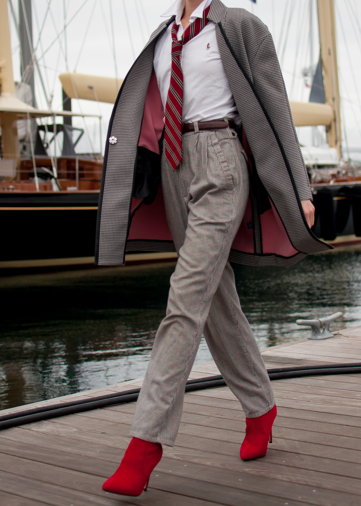 wearing houndstooth Express coat and Ralph Lauren at Newport Harbor