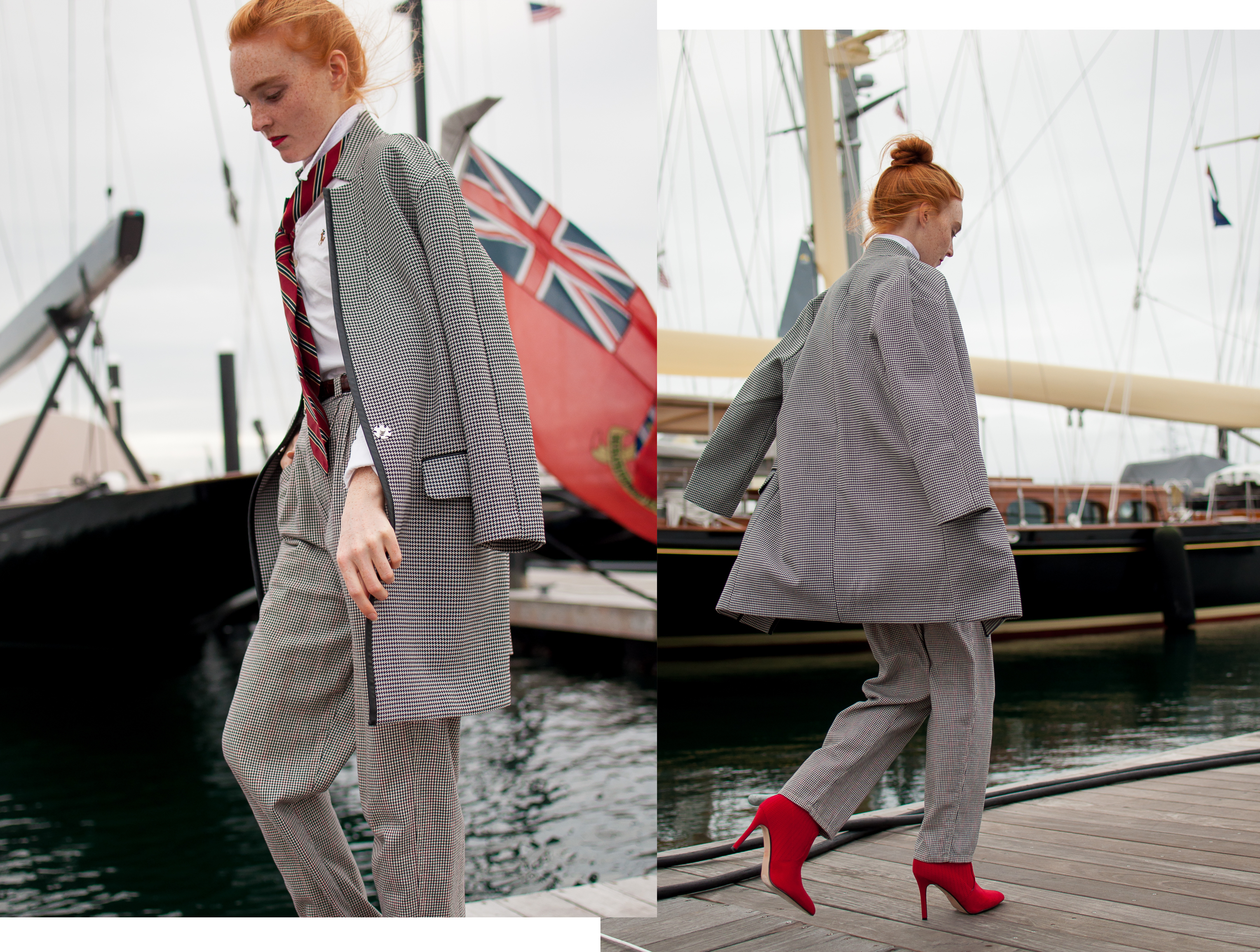 houndstooth Express coat and vintage high waist pants at Newport Harbor