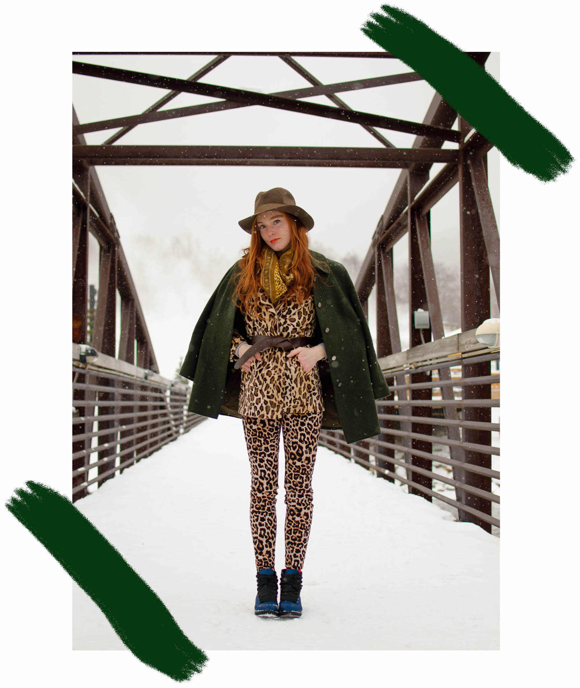 snow leopard outfit with loden coat 