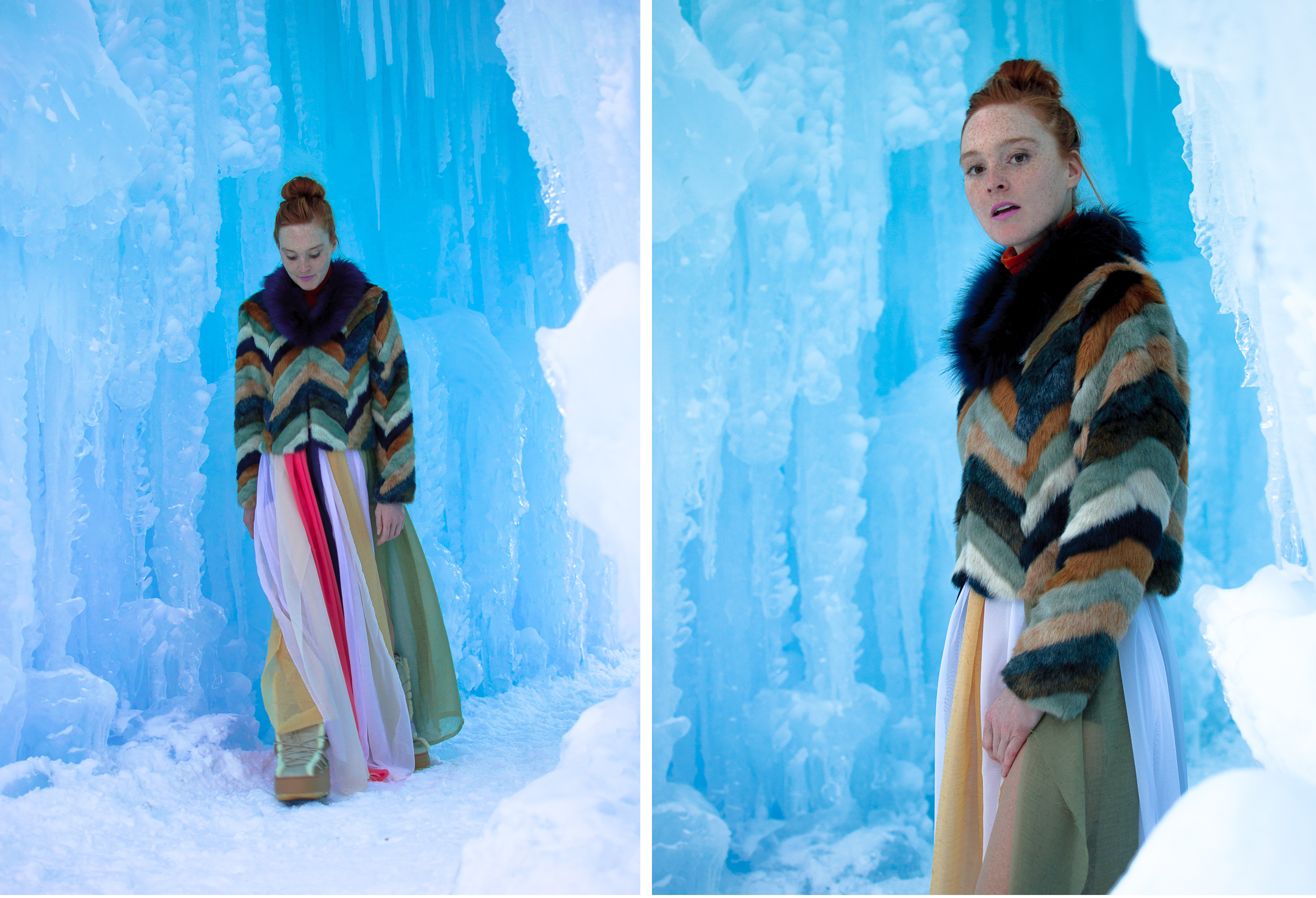 faux fur coat and moon boots at the ice castles