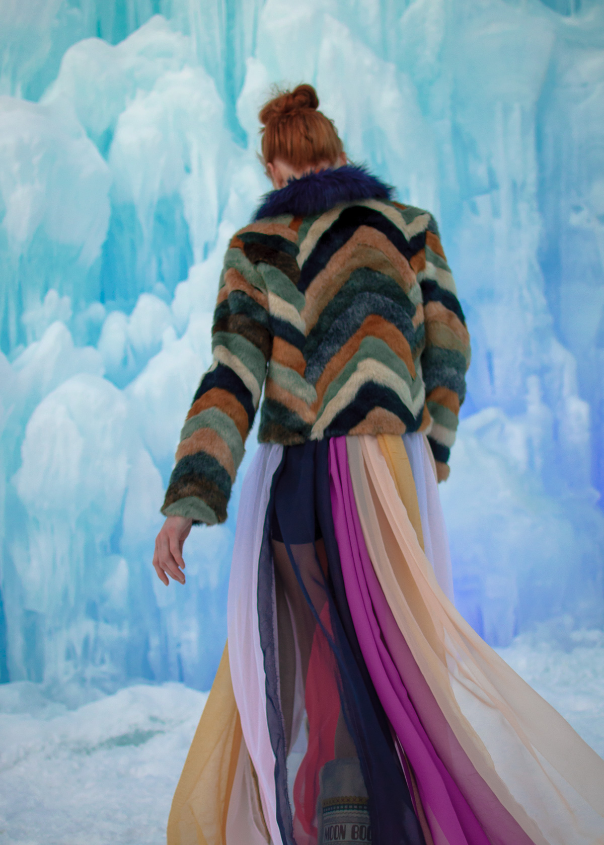 faux fur chevron coat at the ice castles in Lincoln New Hampshire