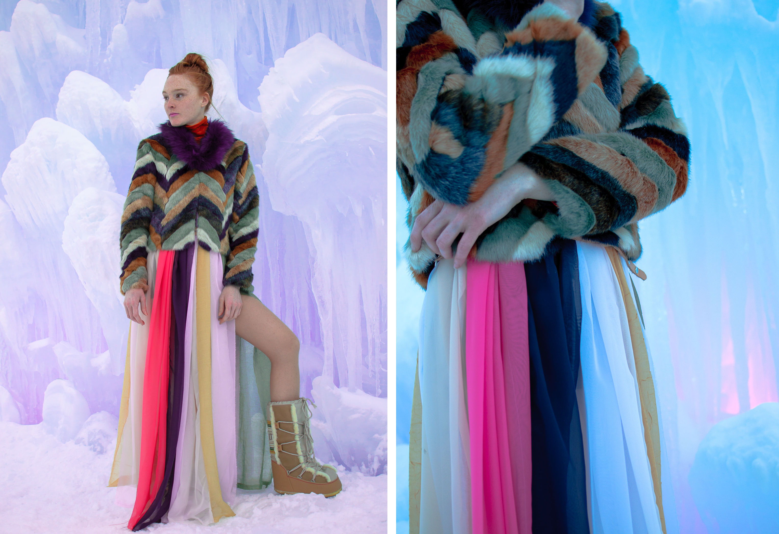 faux fur coat and chloe inspired dress at the ice castles