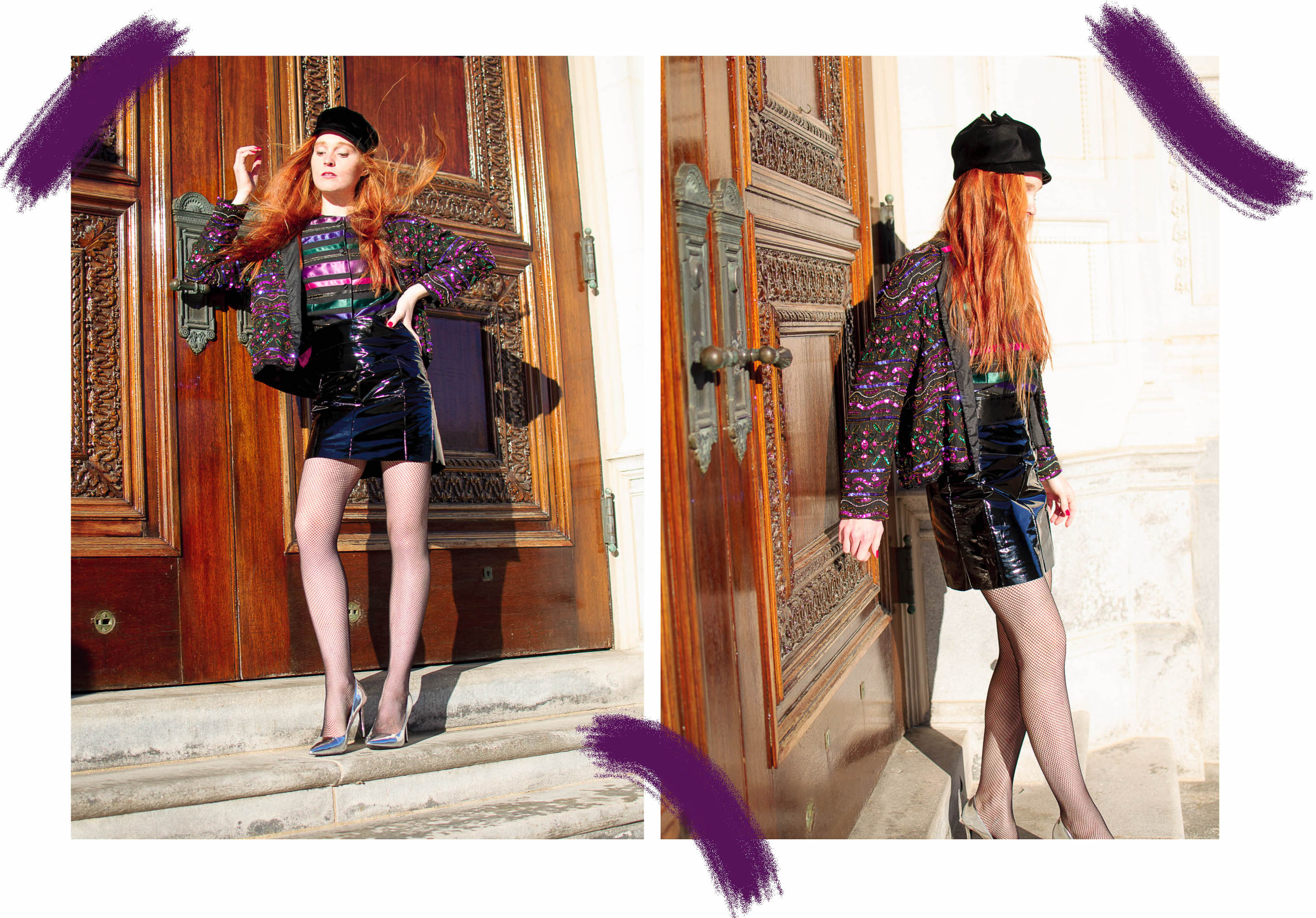 fashion blogger wearing vintage sequin jacket and faux patent leather mini skirt