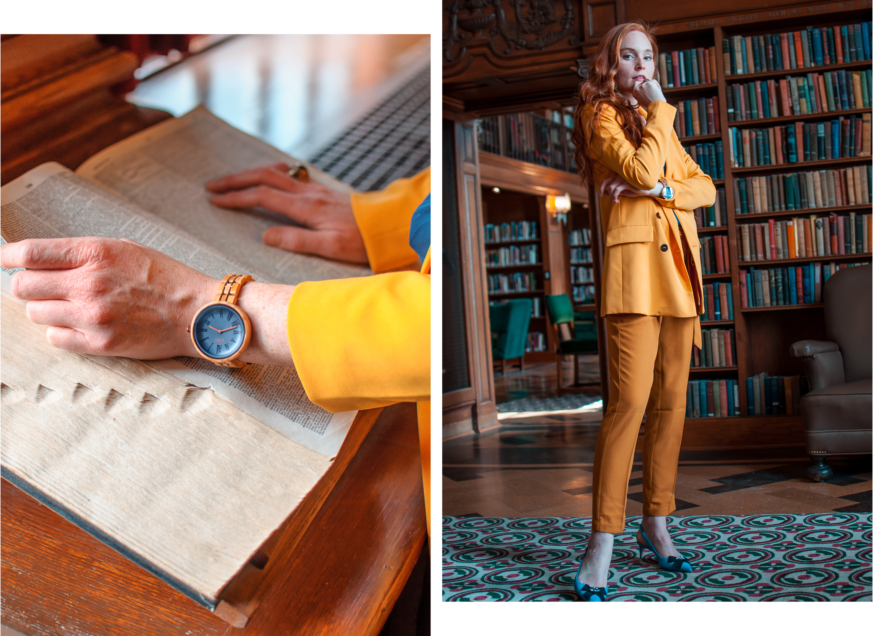 Yellow Forever 21 suit worn with Jord Cassia Olive Wood Watch 