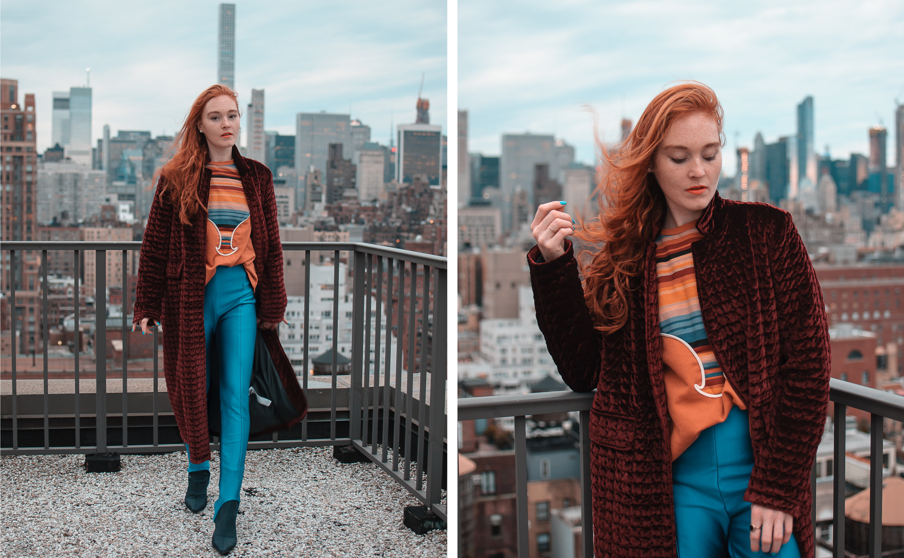 zara coat and stirrup pants on new york city rooftop