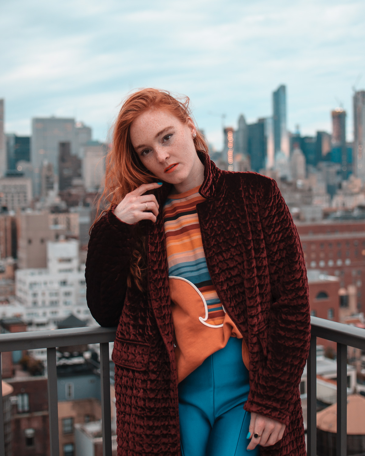 fashion blogger Mary O'Neill on rooftop in NYC