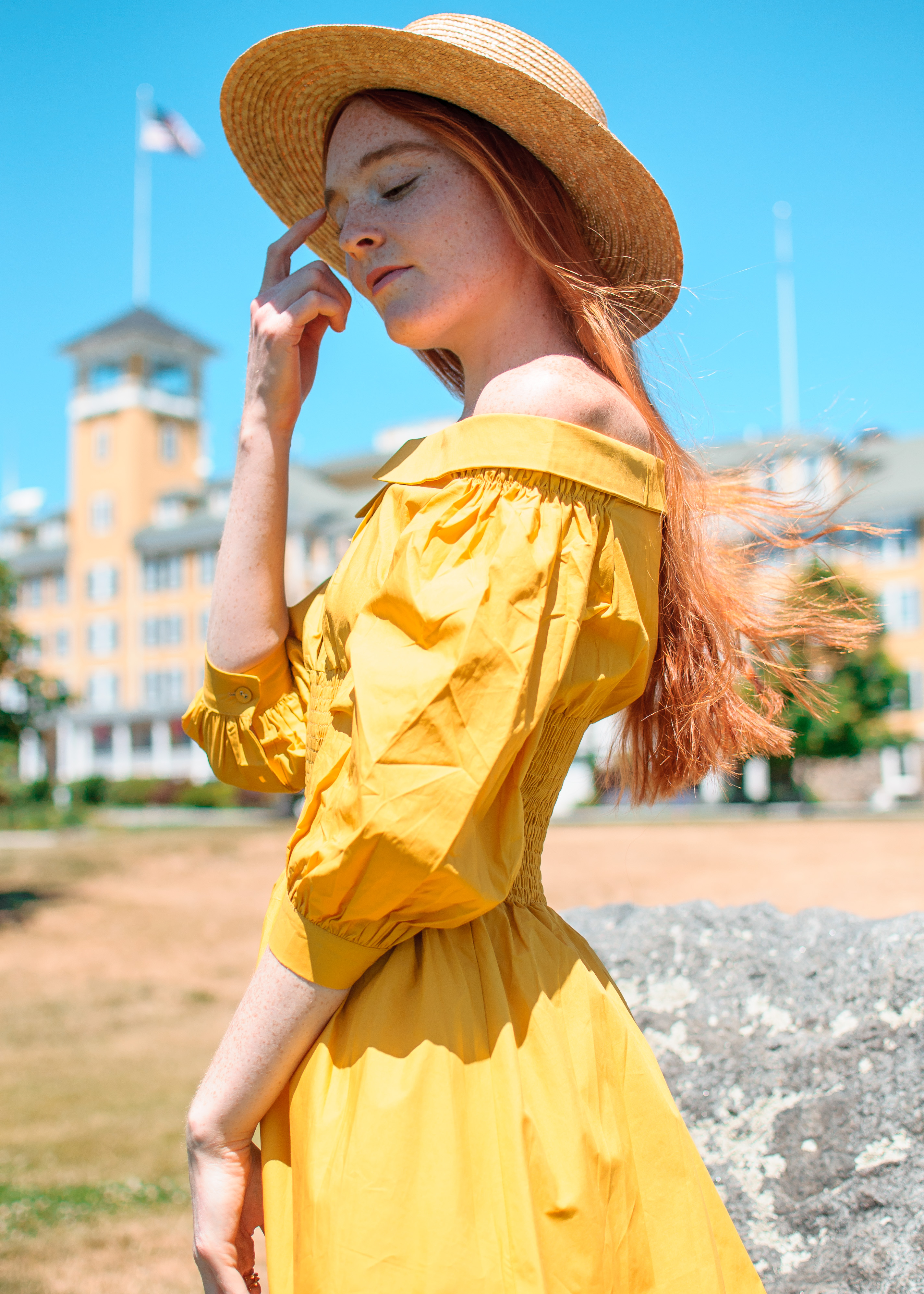 chicwish yellow dress and wide brim boater hat