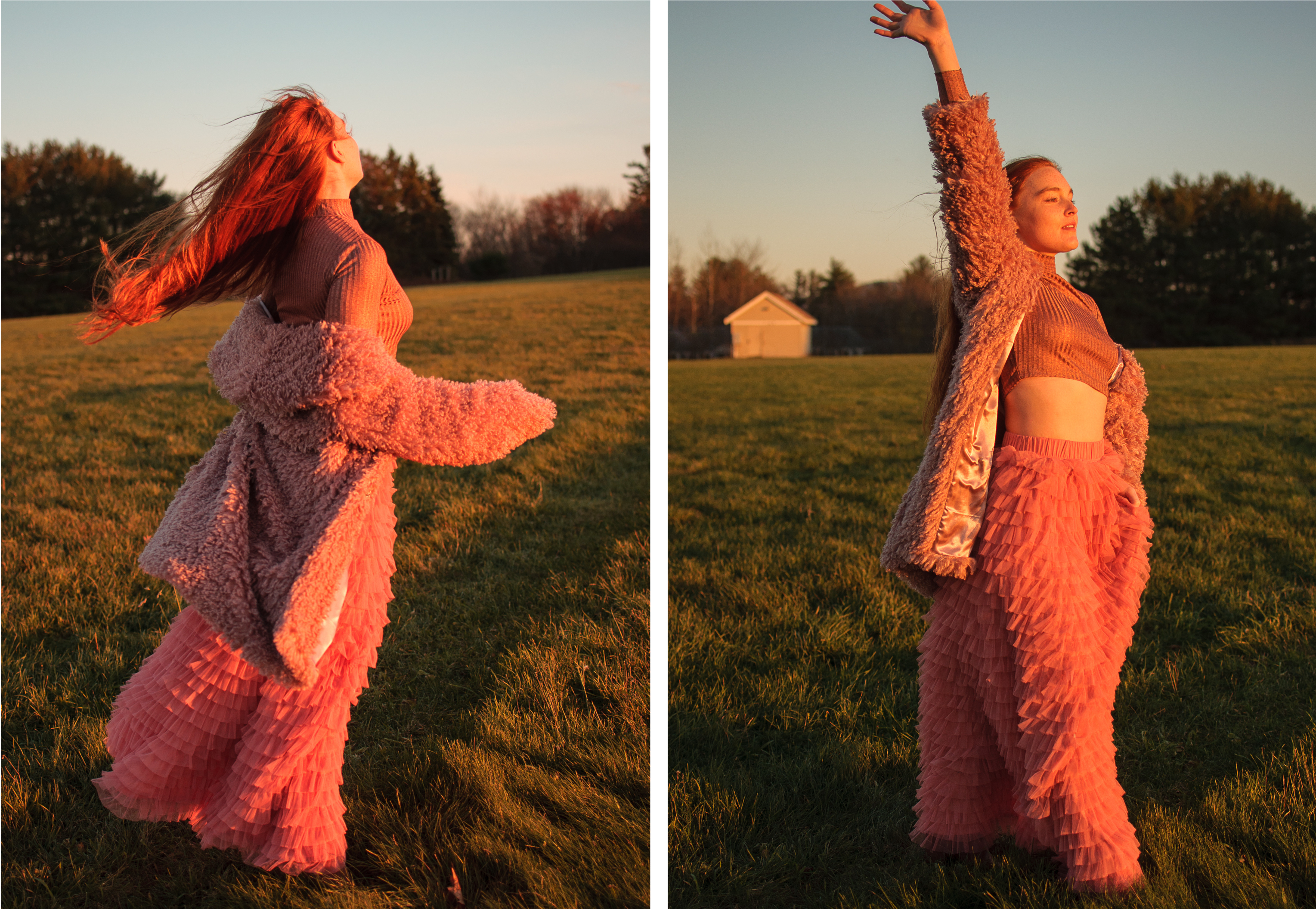 Chicwish faux fur coat and tulle skirt at golden hour