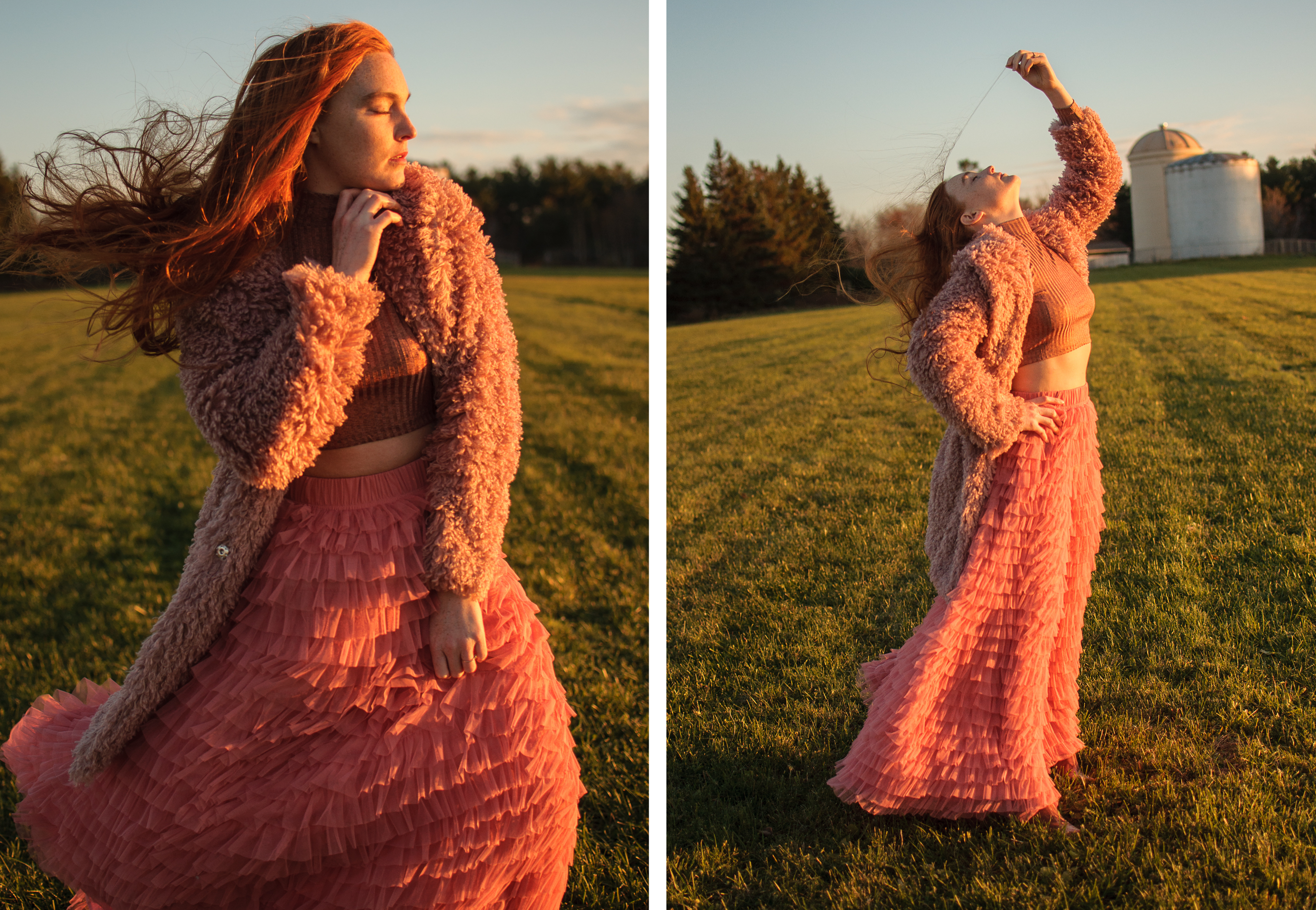 fashion blogger wearing Chicwish faux fur coat and tulle skirt at golden hour