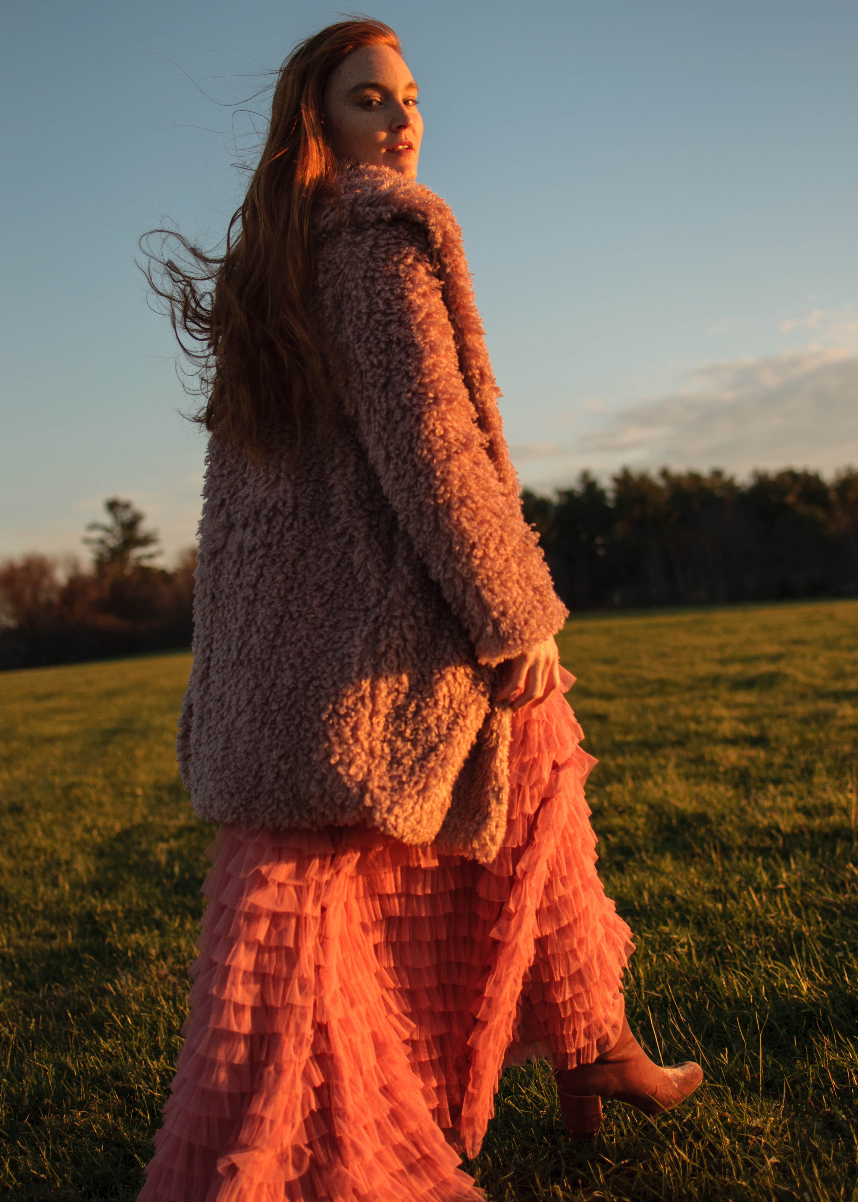 Chicwish coat and tulle skirt at sunset in New Hampshire field